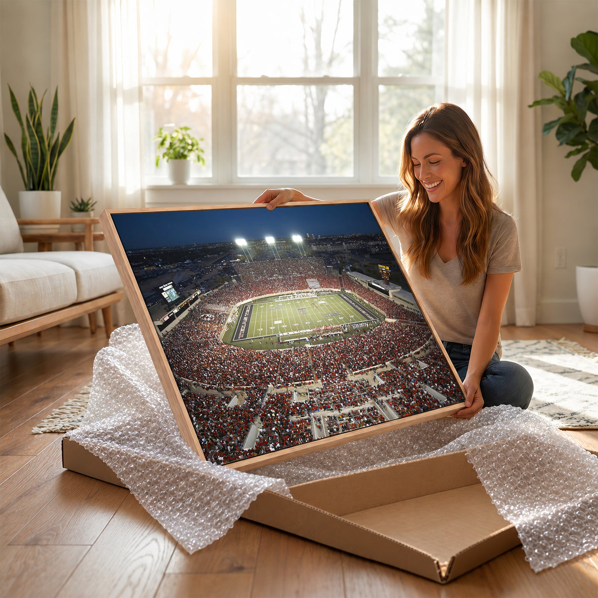 55763-MGV-CV-36X24 - Texas Tech Red Raiders Football Team Print, Lubbock Jones AT&T Stadium, Framed and Ready to Hang