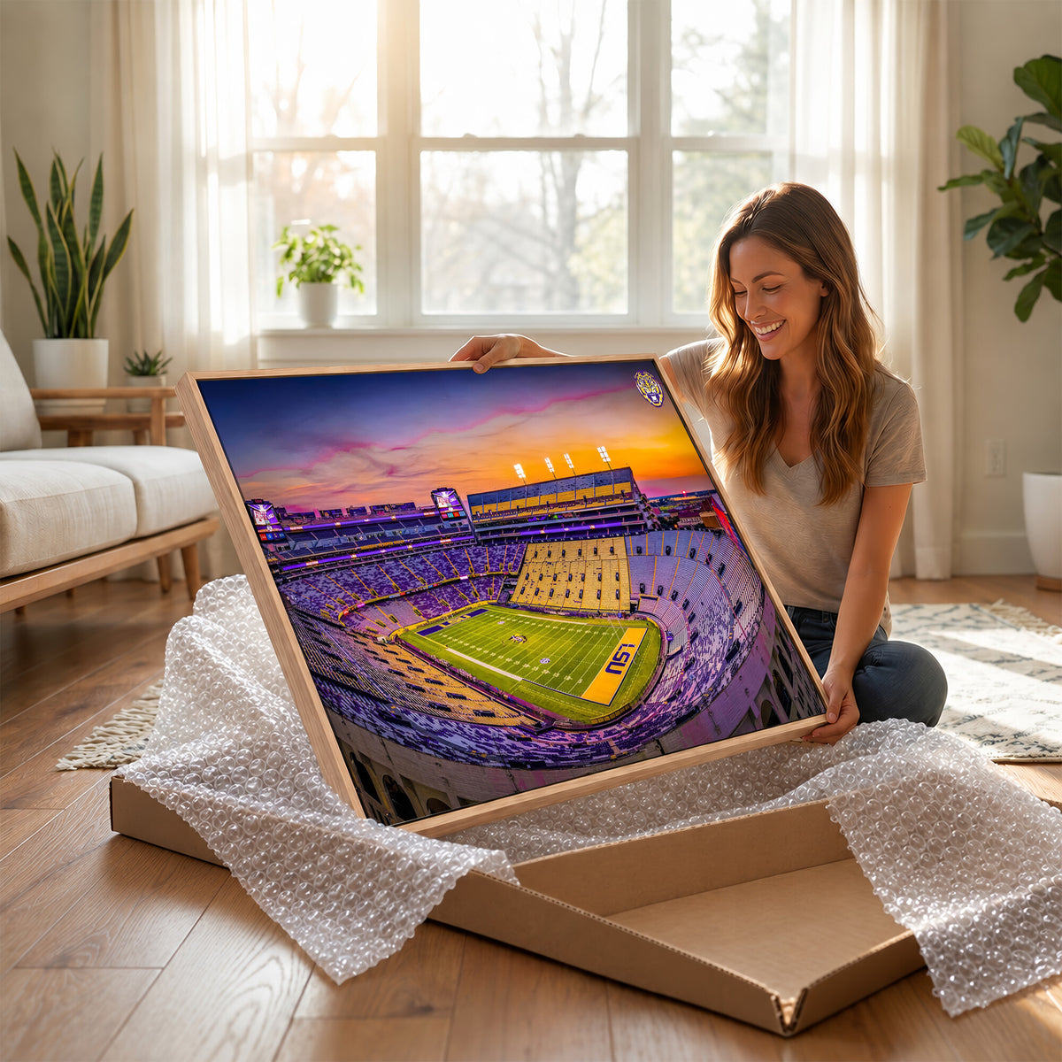 93538-MGV-CV-36X24 - The Louisiana State University Tigers Football Team Print, Framed and Ready to Hang Stadium Print