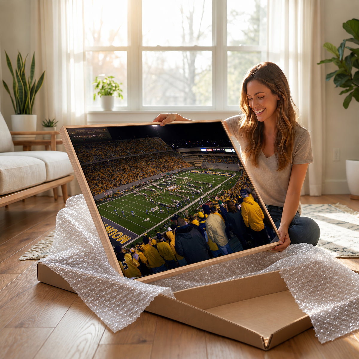 58154-MGV-CV-36X24 - West Virginia University Mountaineers Football Team Print, Milan Puskar Stadium, Morgantown
