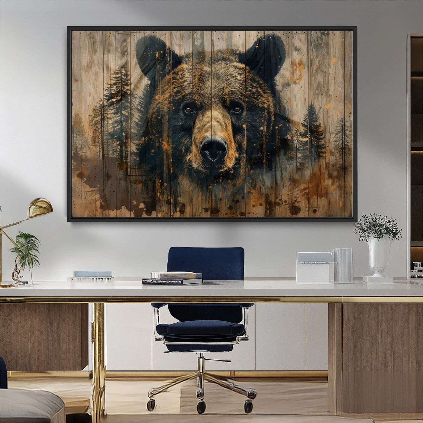 MGV-FC-36X24 - Abstract 399 Bear Wall Art | Rustic Cabin Wall Decor with Forest Design | Framed and Ready to Hang |