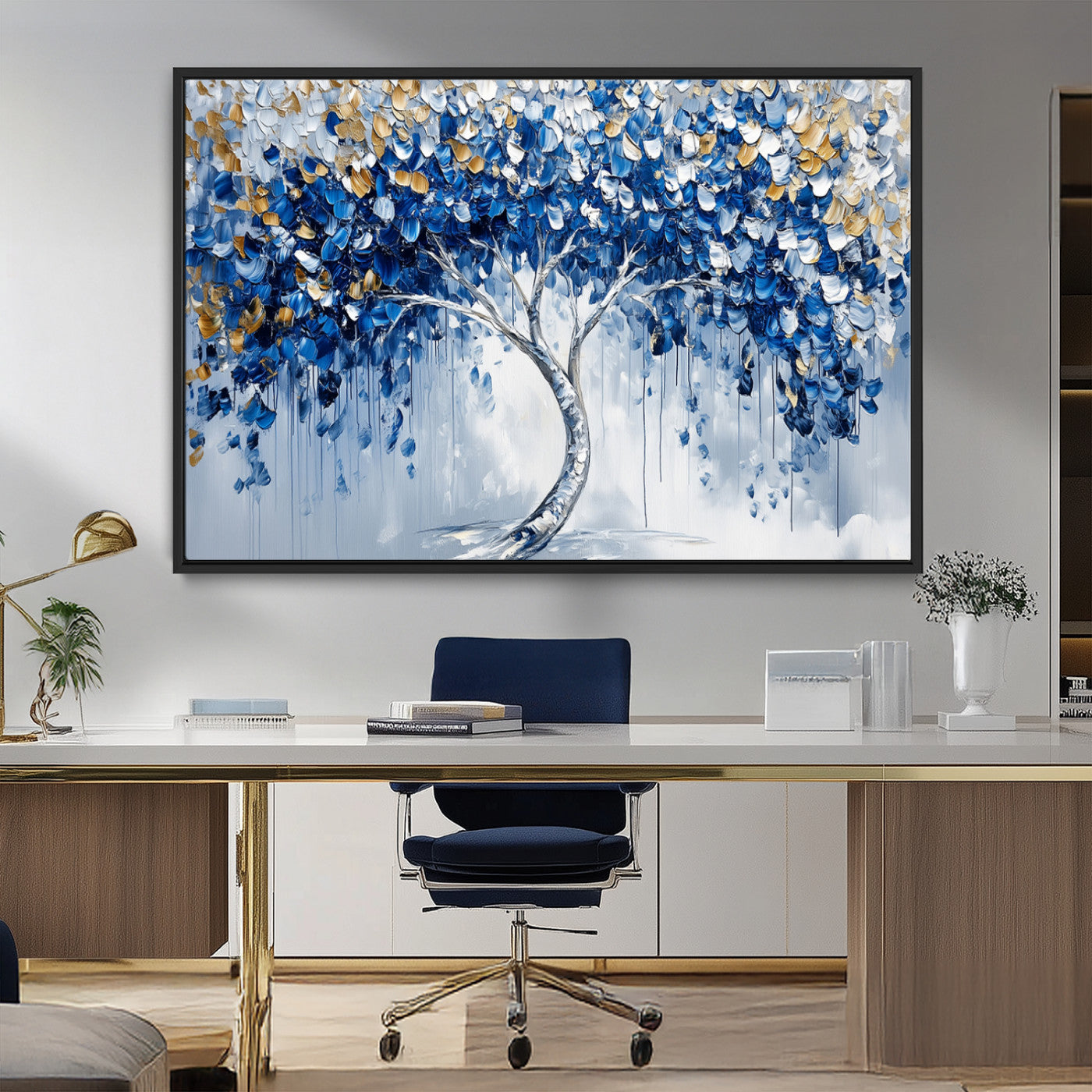 MGV-FC-36X24 - Blue and Gold Abstract Tree Wall Art Canvas Print | Modern Tree of Life Painting | Framed Canvas