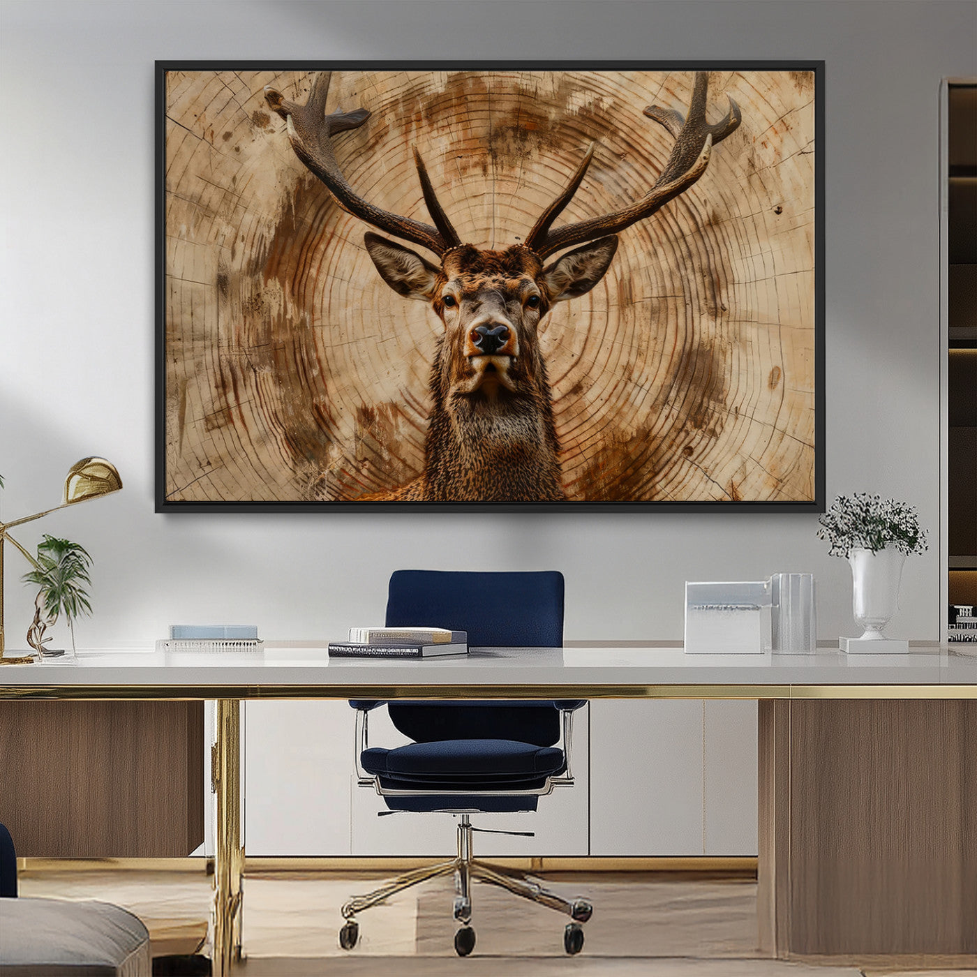 MGV-FC-36X24 - Wood Abstract Deer Wall Art | Rustic Wildlife Canvas Print | Ready to Hang Stag Head Triptych for