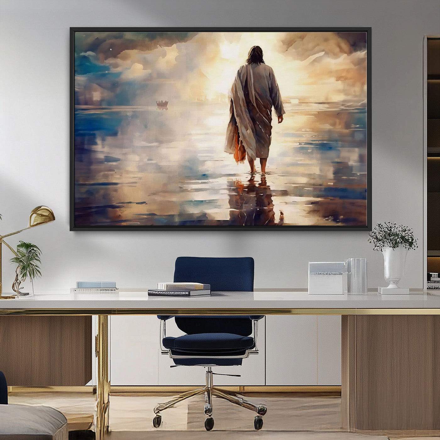 MGV-FC-36X24 - Jesus Walking on Water Wall Art | Ready to Hang Spiritual Triptych Canvas Print | Inspirational