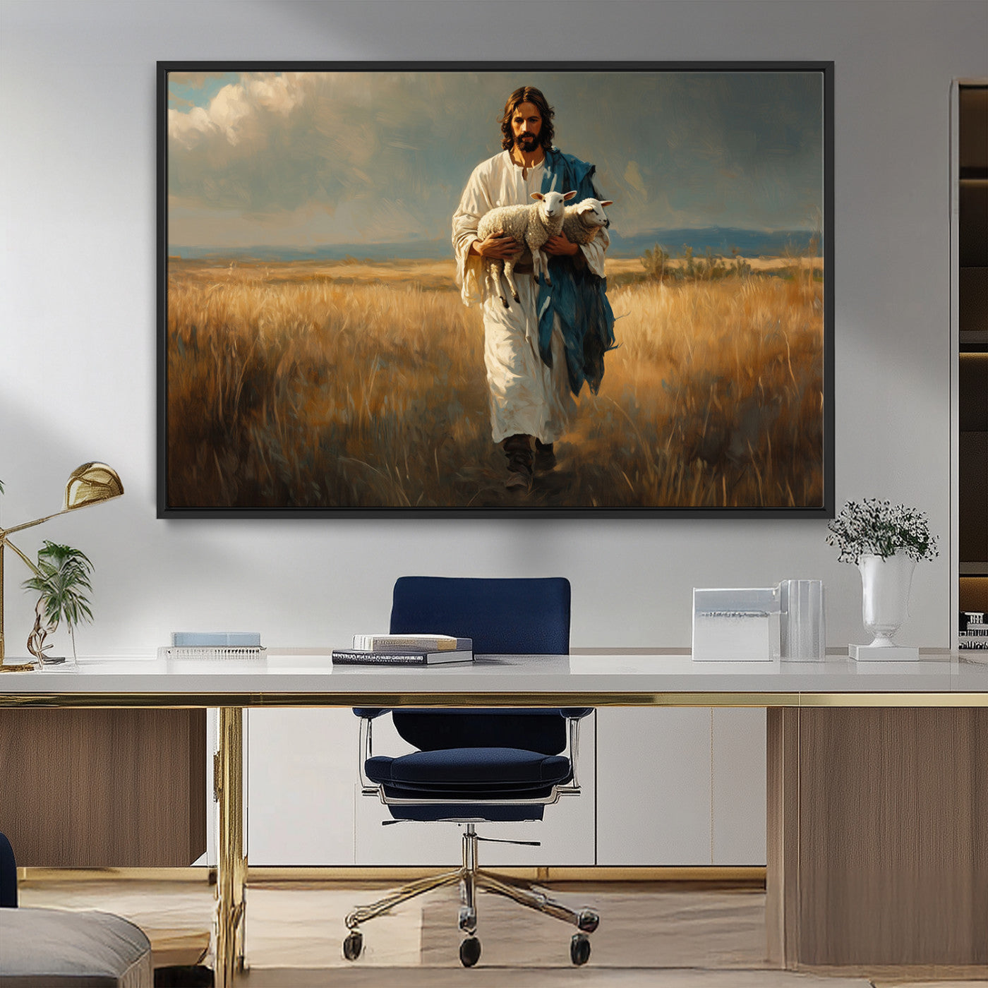MGV-FC-36X24 - Jesus Shepherd Wall Art | Ready to Hang Triptych Canvas of Jesus Holding a Lamb in a Field |