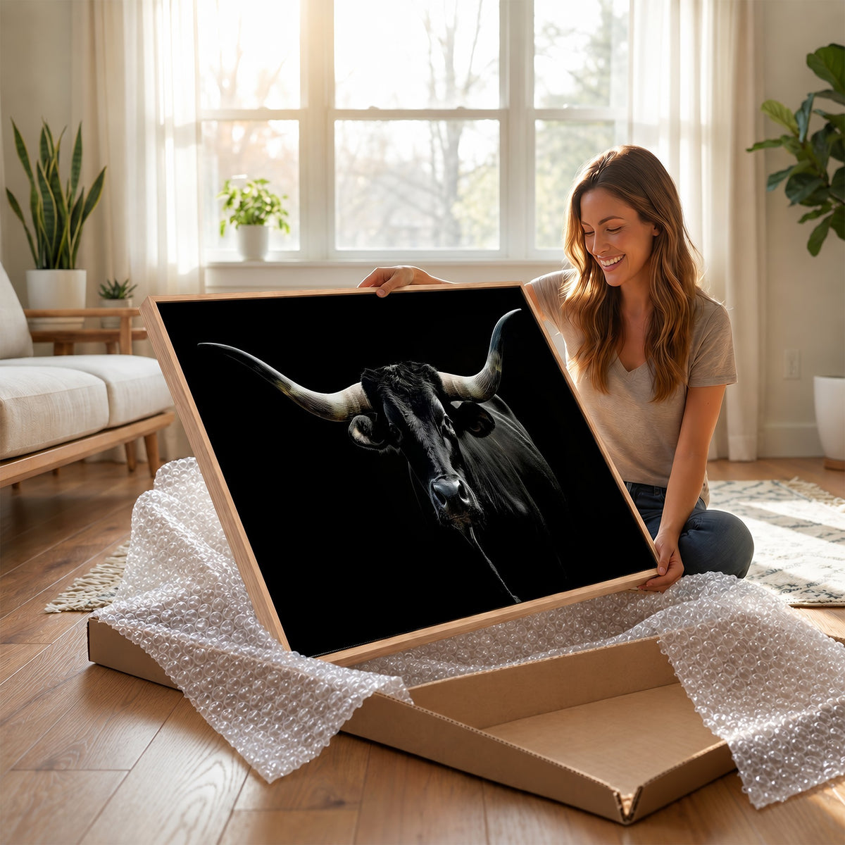 20679-MGV-CV-24X16 - Texas Black Longhorn Bull Wall Art Canvas Print, Western Cattle Rustic Decor