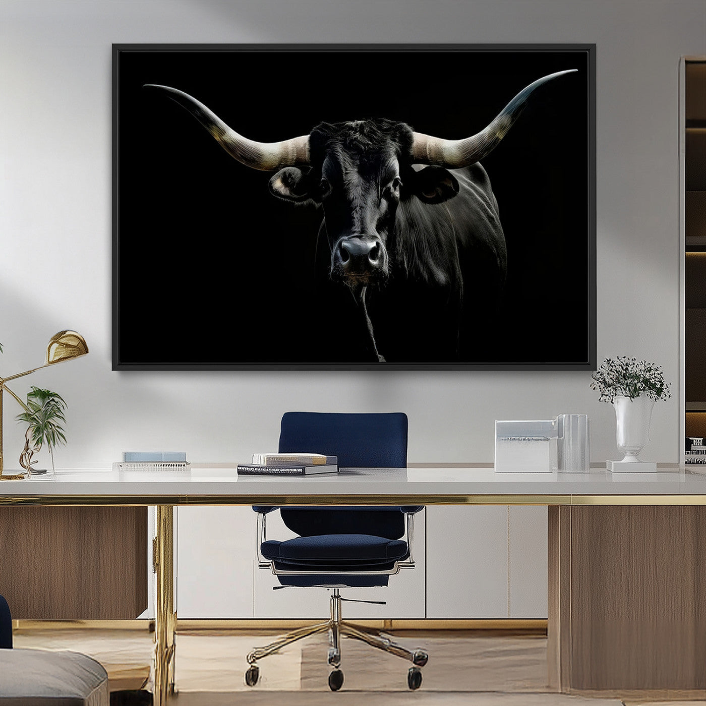 MGV-FC-36X24 - Texas Black Longhorn Bull Wall Art Canvas Print - Western Texas Cattle Rustic Decor Print - Longhorn