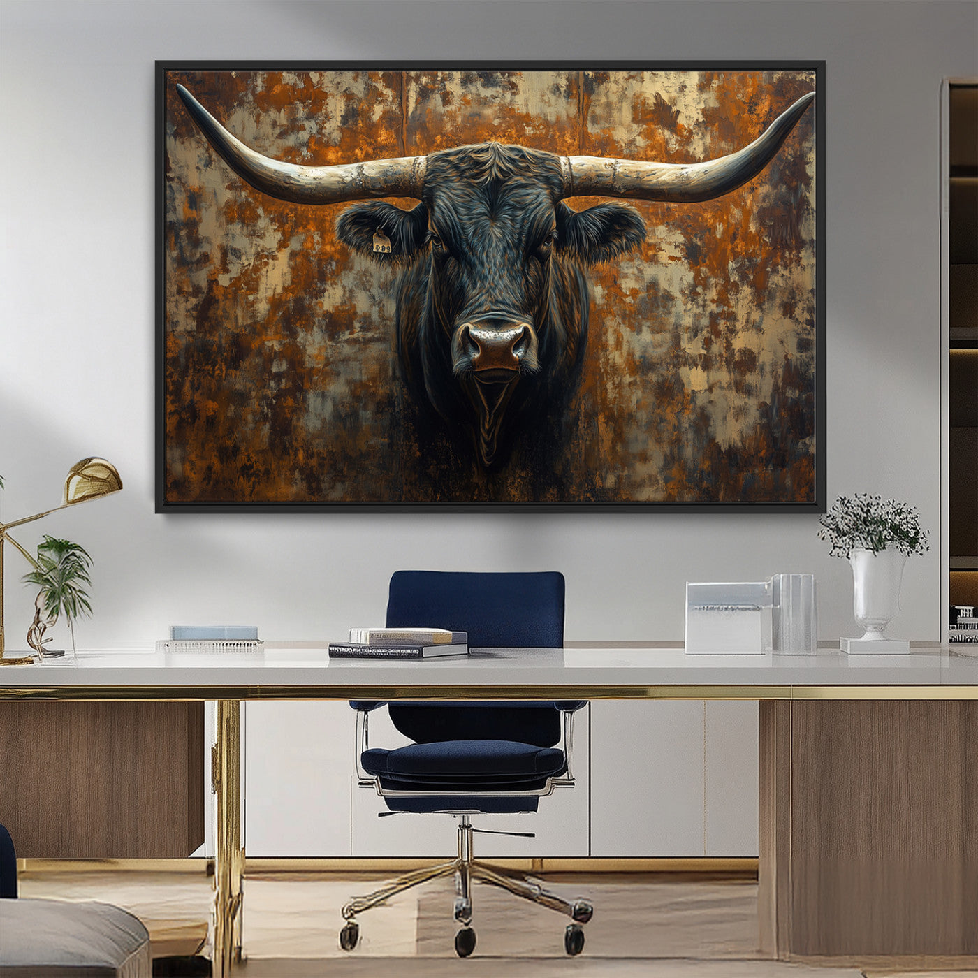MGV-FC-36X24 - Longhorn Texas Cow Bull Wall Art | Rustic Farmhouse Canvas Print | Ready to Hang Barn Decor for