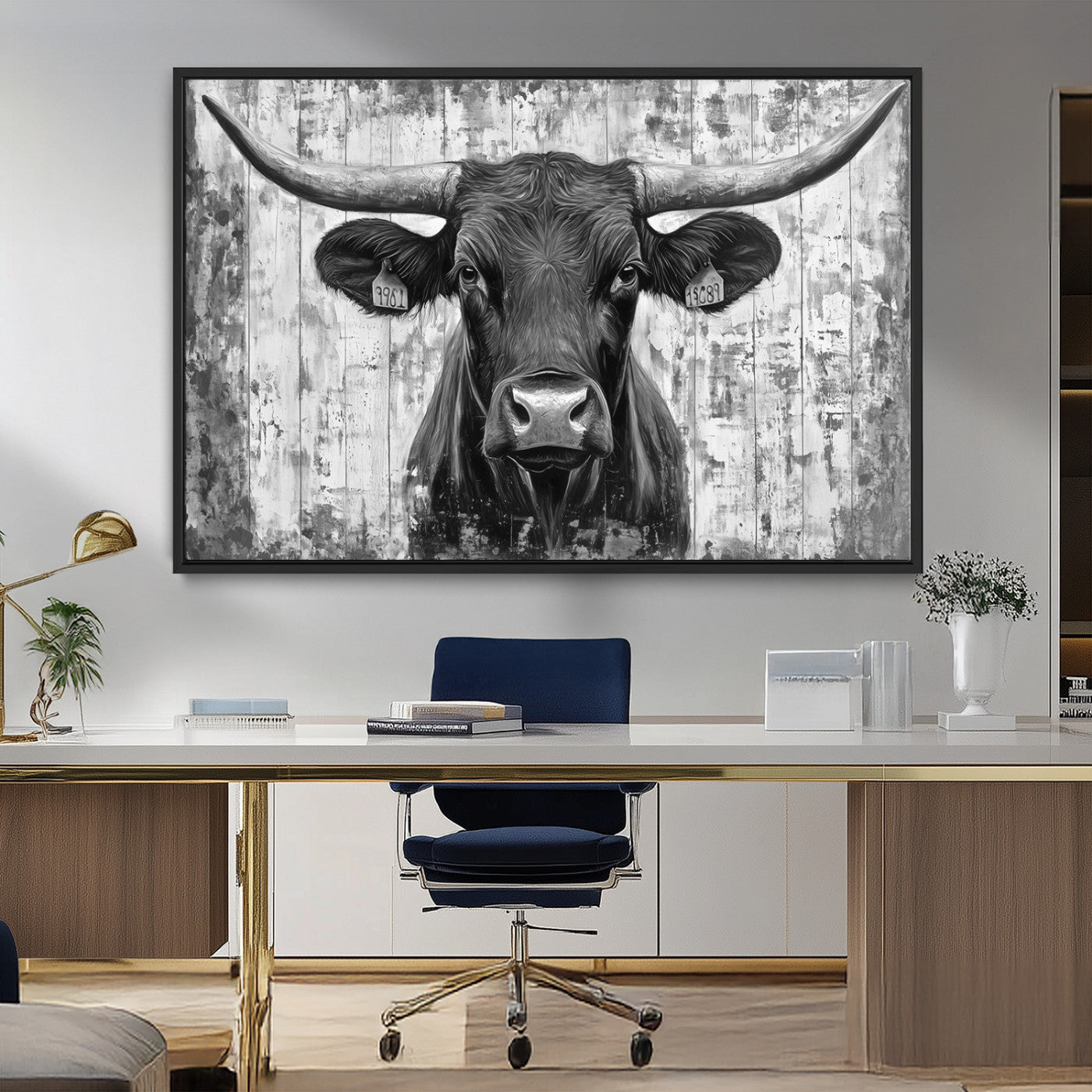 MGV-FC-36X24 - Abstract Longhorn Bull Wall Art Canvas Print - Rustic Texas Western Cow Artwork