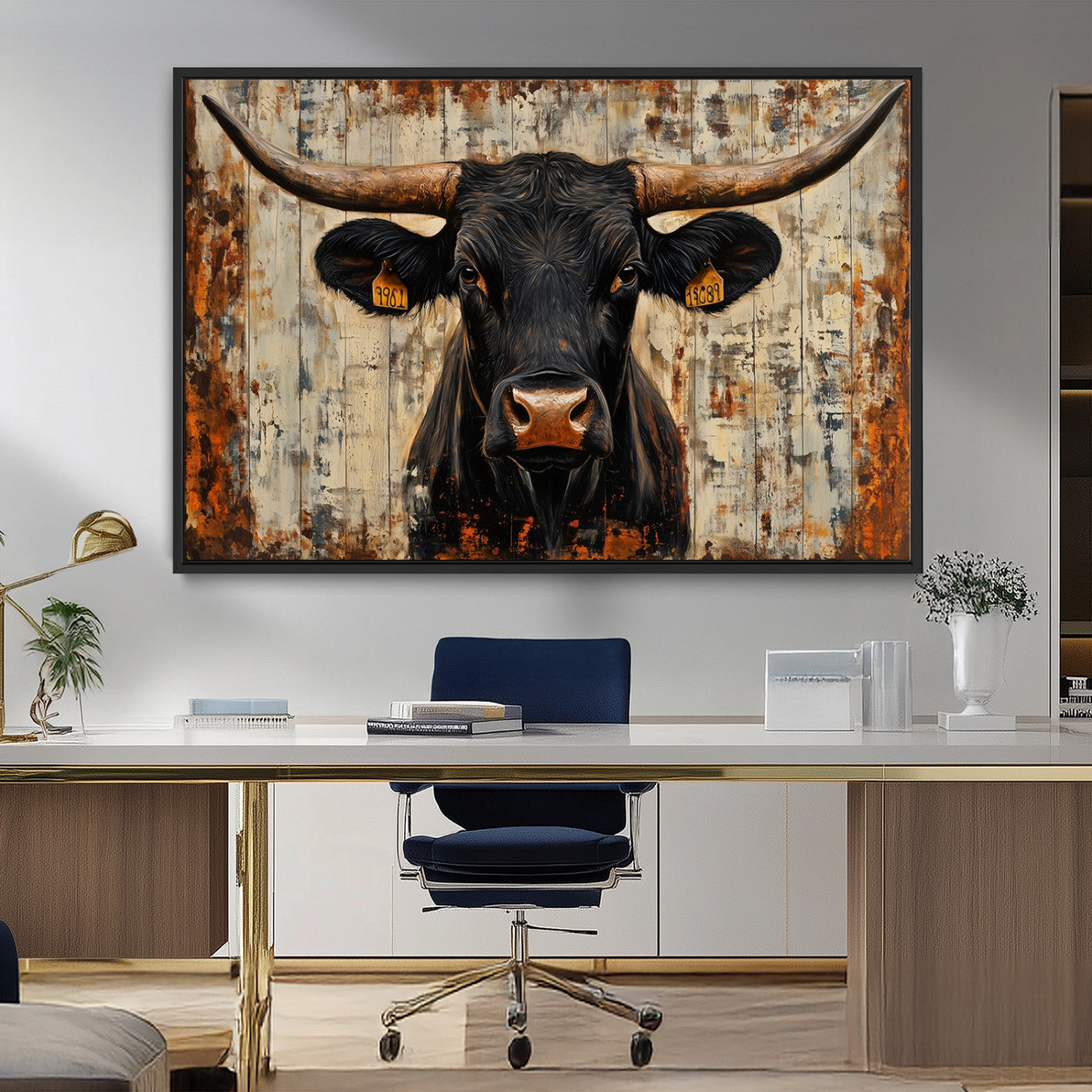 MGV-FC-36X24 - Rustic Texas Artwork Wall Art Canvas Print - Abstract Cow Longhorn Bull Wall Art Canvas Print