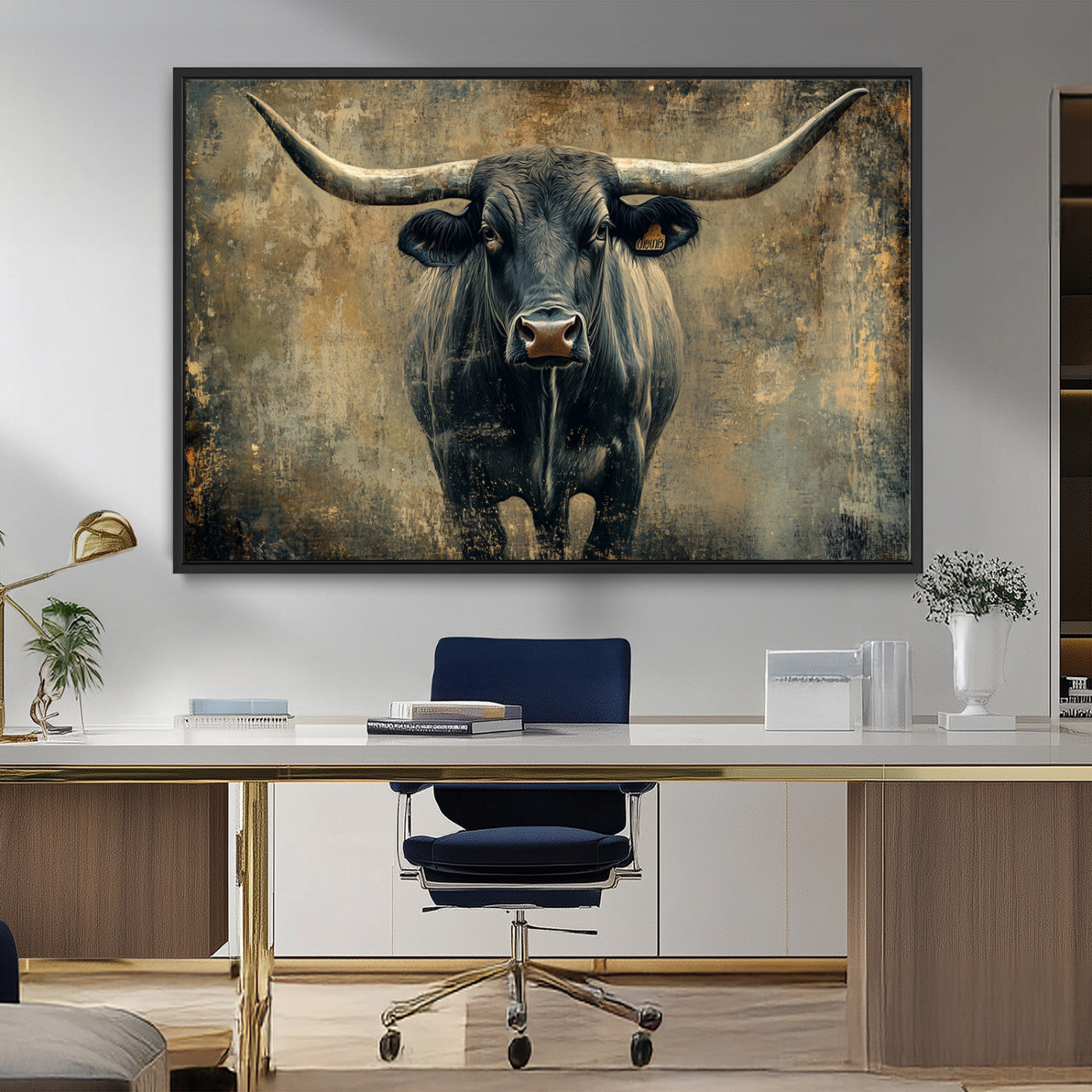 MGV-FC-36X24 - Longhorn Bull Wall Art Canvas Print, Framed Rustic Cow Art Picture Print, Texas Longhorn Perfect Western Decor Artwork