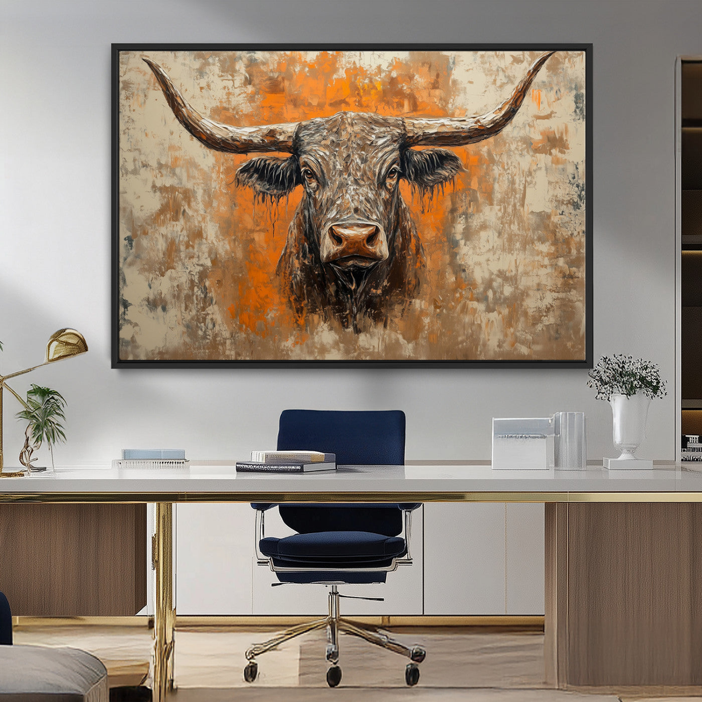 MGV-FC-36X24 - Abstract Cow Longhorn Bull Wall Art Canvas Print - Rustic Texas Western Cattle Artwork