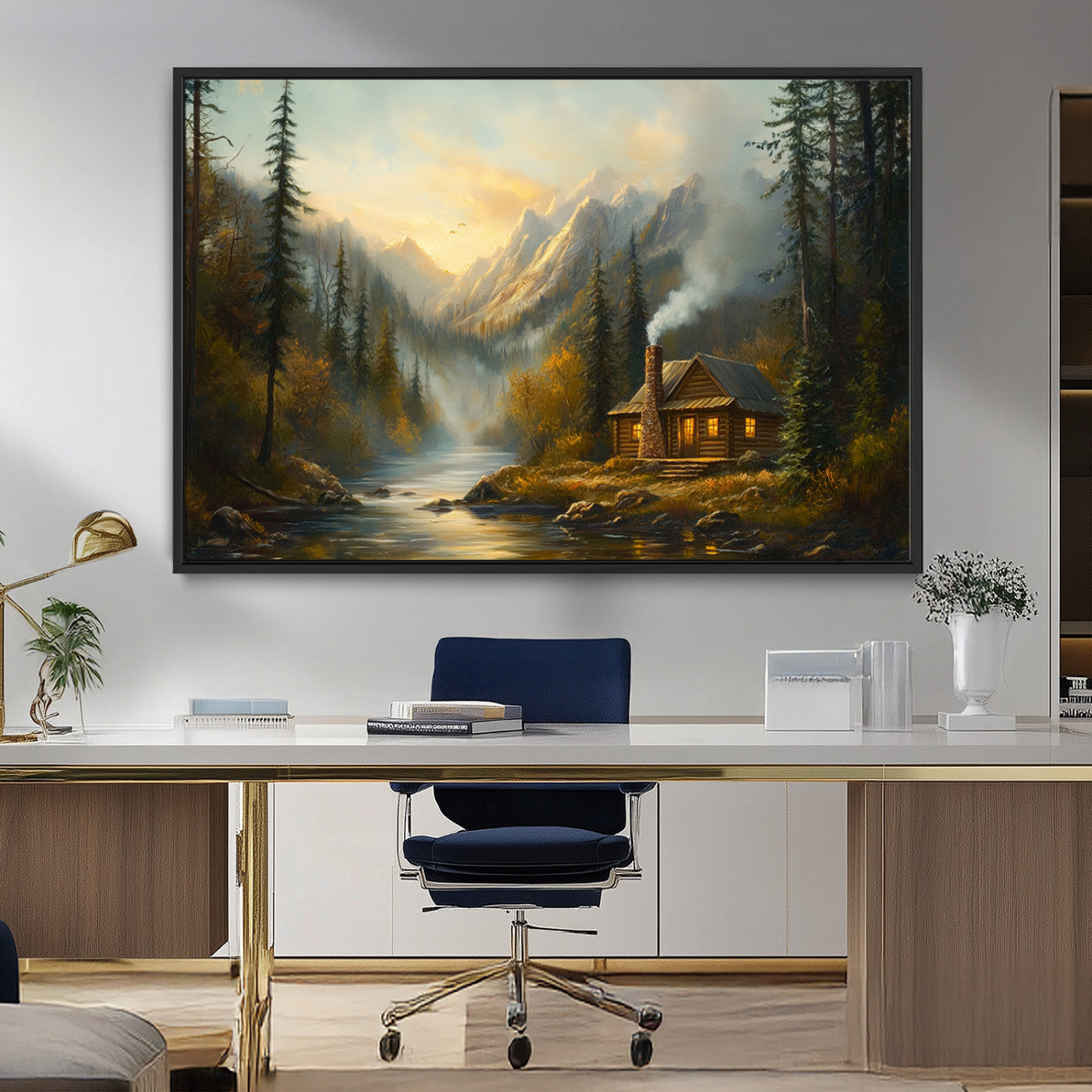 MGV-FC-36X24 - Wood Cabin Retreat Mountain at Sunset Wall Art Print - Serene Forest and River Landscape Wall Art