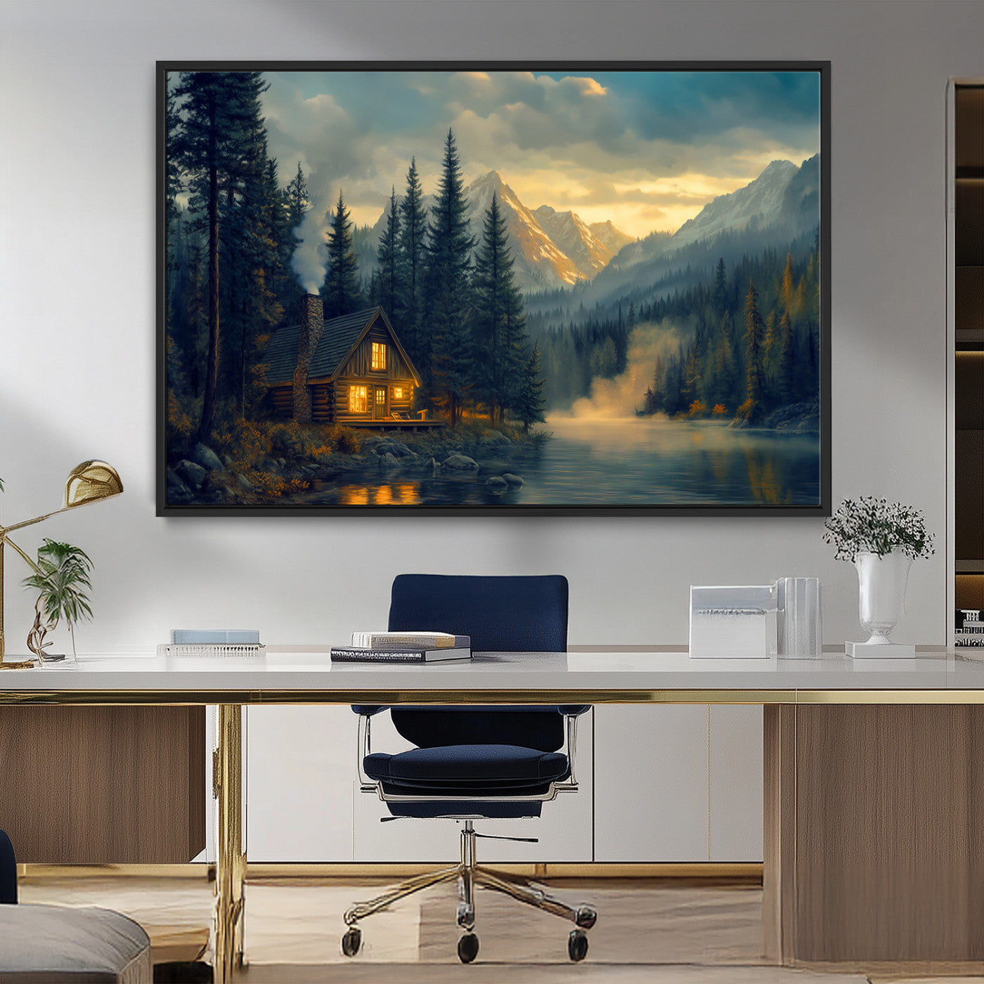 MGV-FC-36X24 - Mountain Cabin by the Lake at Sunset Wall Art - Serene Nature Canvas Print for Living Room Decor,