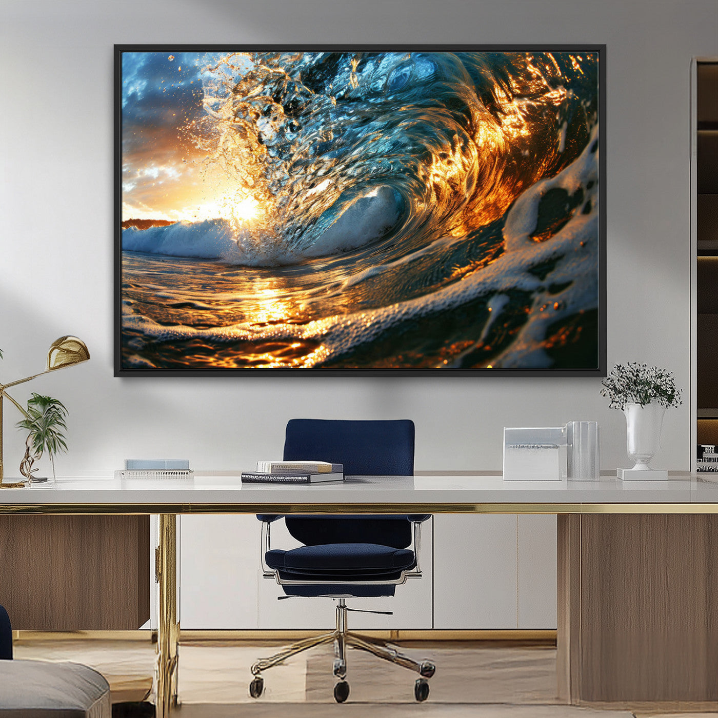 MGV-FC-36X24 - Ocean Wave at Sunset Canvas Wall Art – Vibrant Coastal Beach Waves Print, Large Nautical Decor,