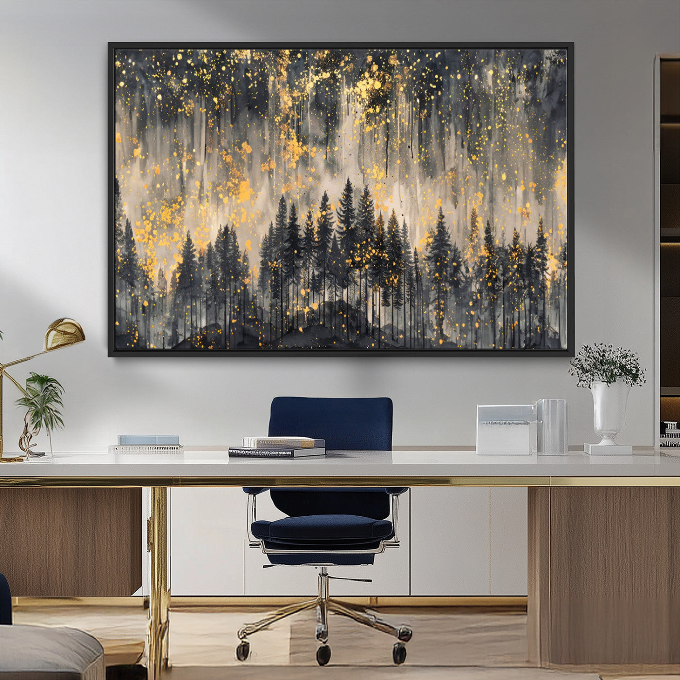 MGV-FC-36X24 - Golden Forest Abstract Wall Art | Dark Forest with Gold Splatter Accents | Triptych Ready to Hang