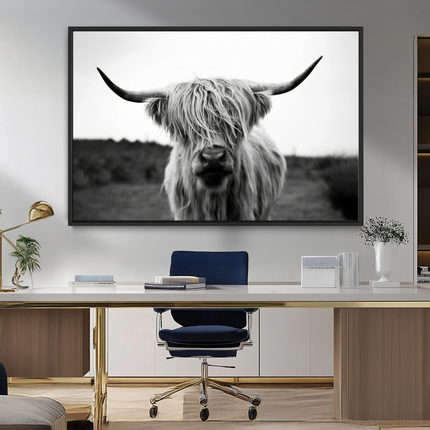 MGV-FC-36X24 - Highland Cow Wall Art | Black and White Farmhouse Decor | Triptych Canvas Print | Rustic Barn Decor