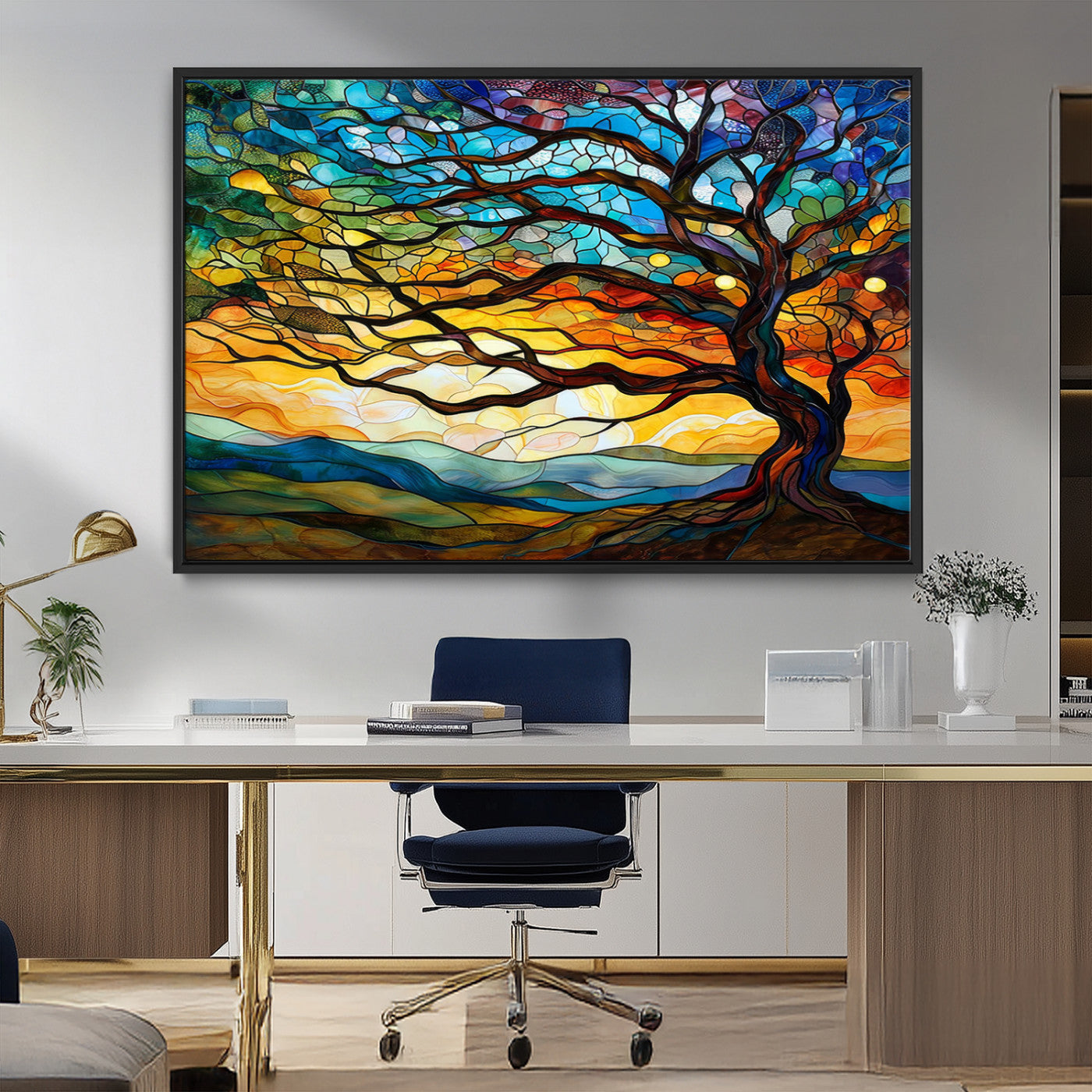 MGV-FC-36X24 - Vibrant Mosaic Tree of Life Wall Art | Stained Glass Style Canvas Print | Ready to Hang Artistic