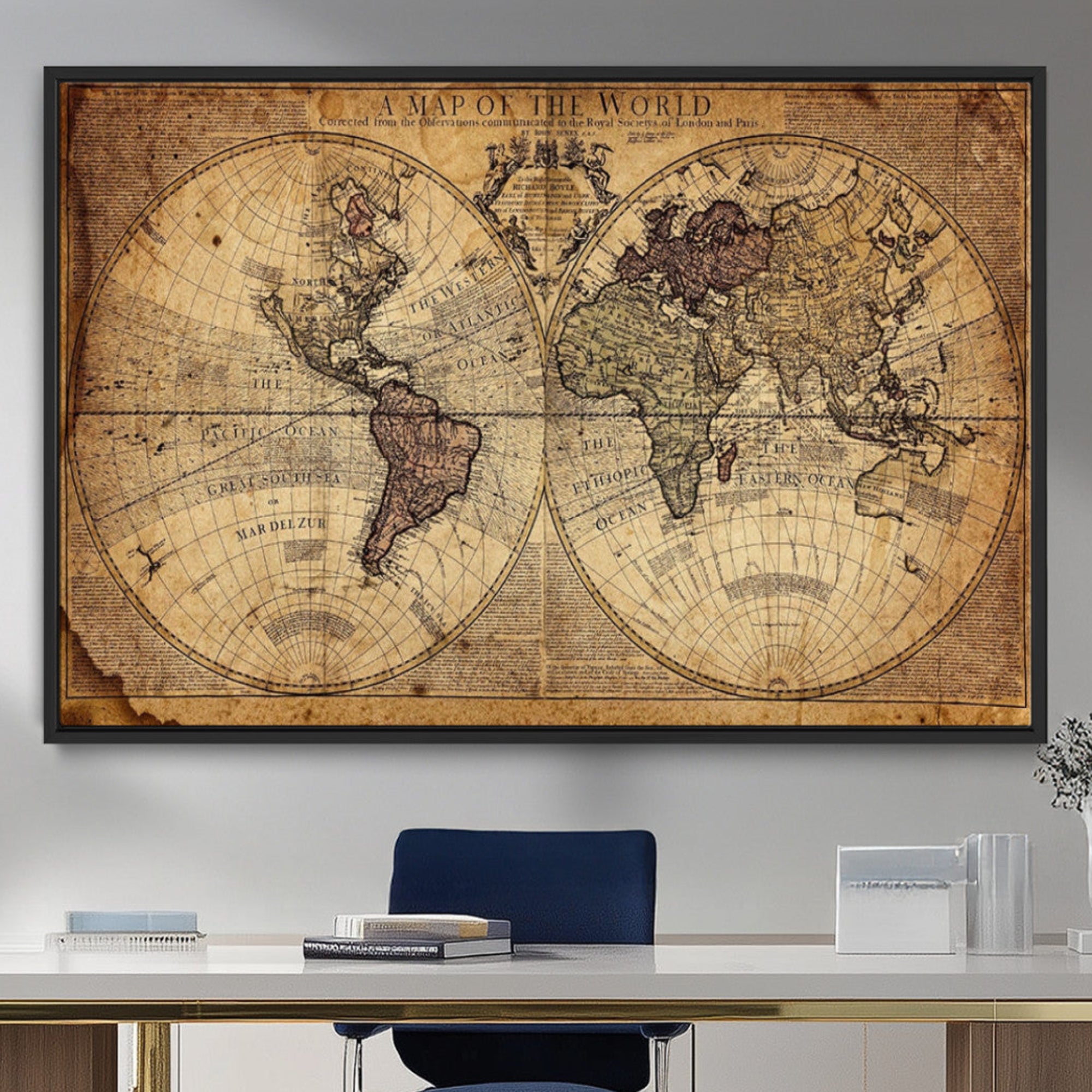 Ant1001-MGV-FC-36X24_Black-Vintage World Map Wall Art Canvas – Antique Style Push Pin Travel Map, Framed Decorative Wall Decor for Home, Office