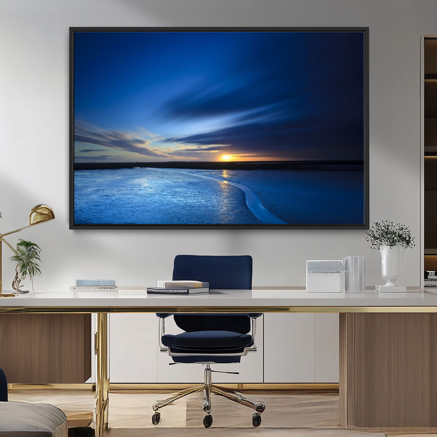 MGV-FC-36X24 - Blue Sunset Ocean Canvas Wall Art Print – Serene Coastal Horizon Wall Decor for Home or Office –