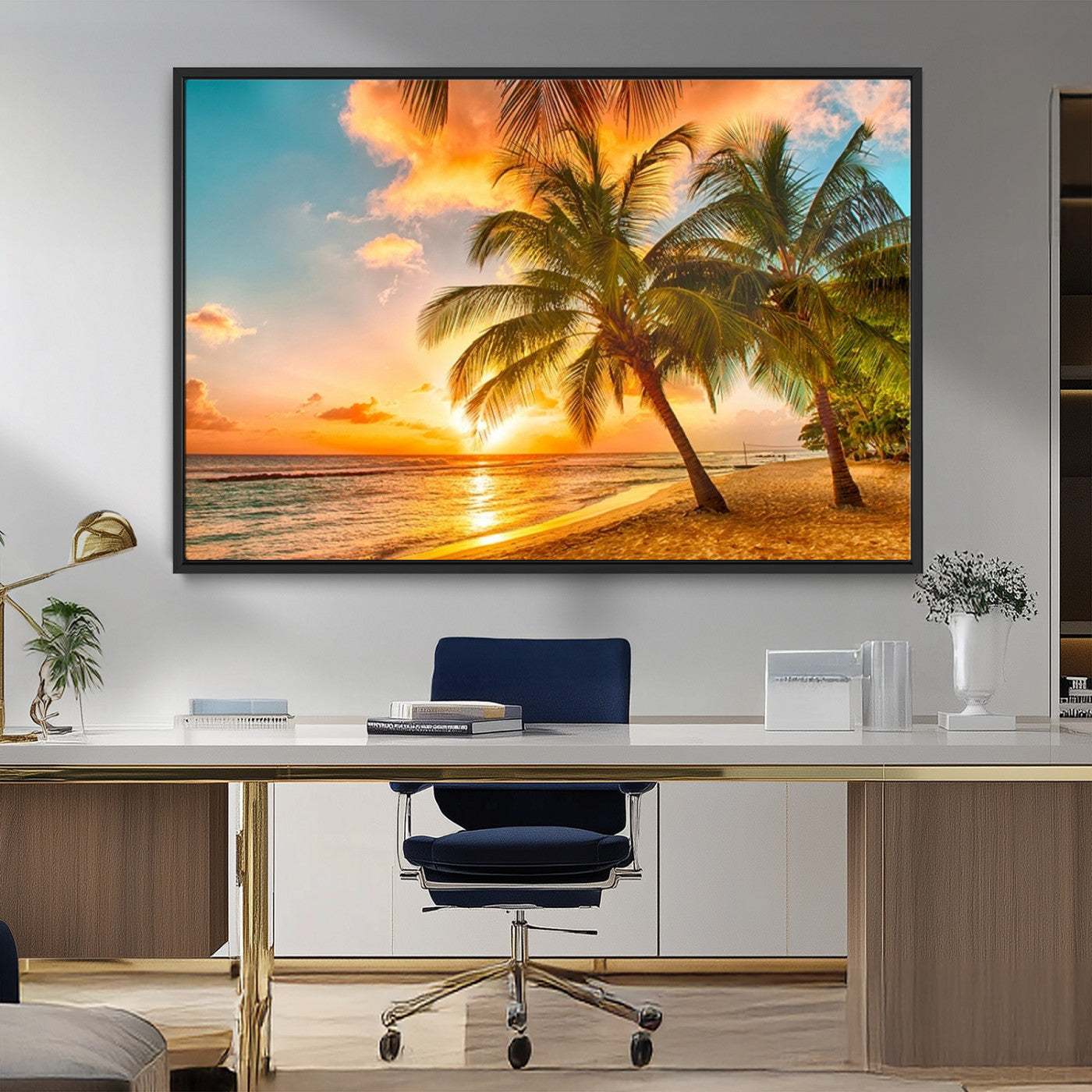 MGV-FC-36X24 - Tropical Sunset Beach Canvas Wall Art Print – Vibrant Palm Trees and Coastal Sunset Wall Decor for
