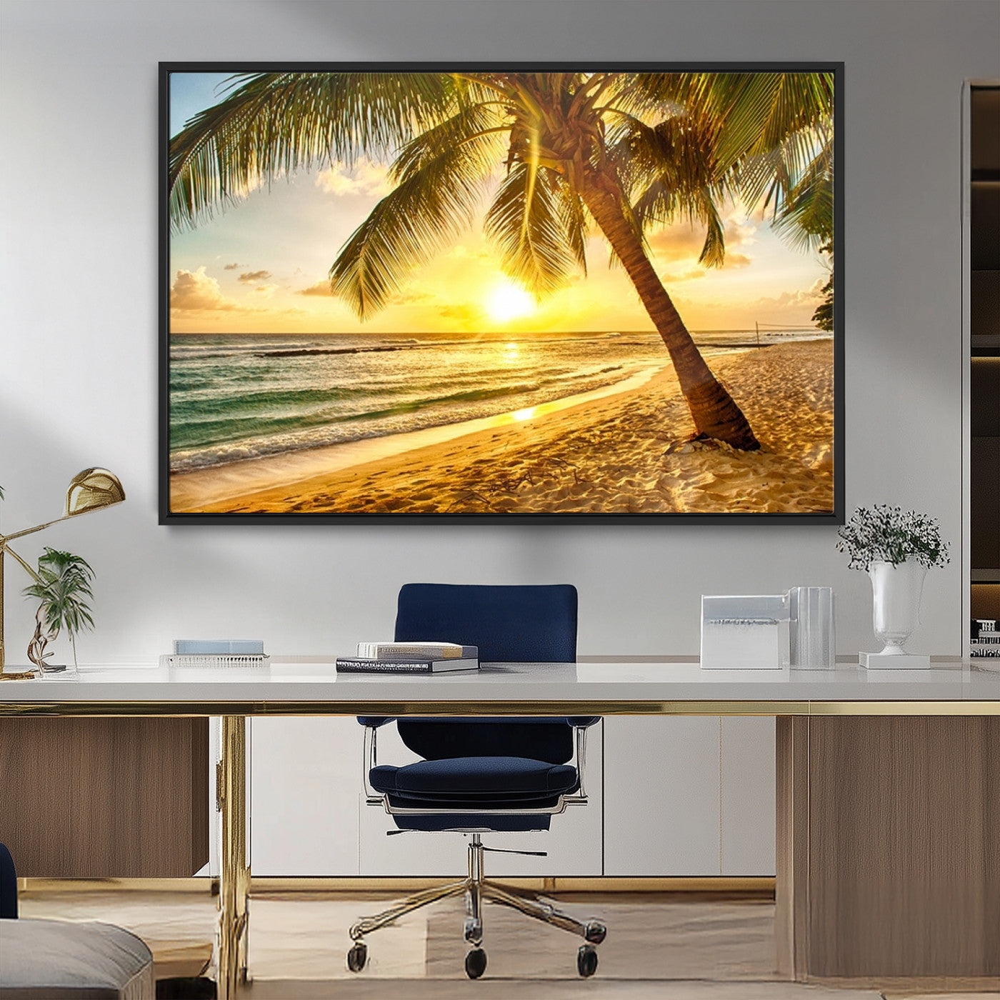 MGV-FC-36X24 - Beach Sunset Canvas Wall Art Print - Tropical Beach Canvas Wall Art Print – Vibrant Palm Trees and