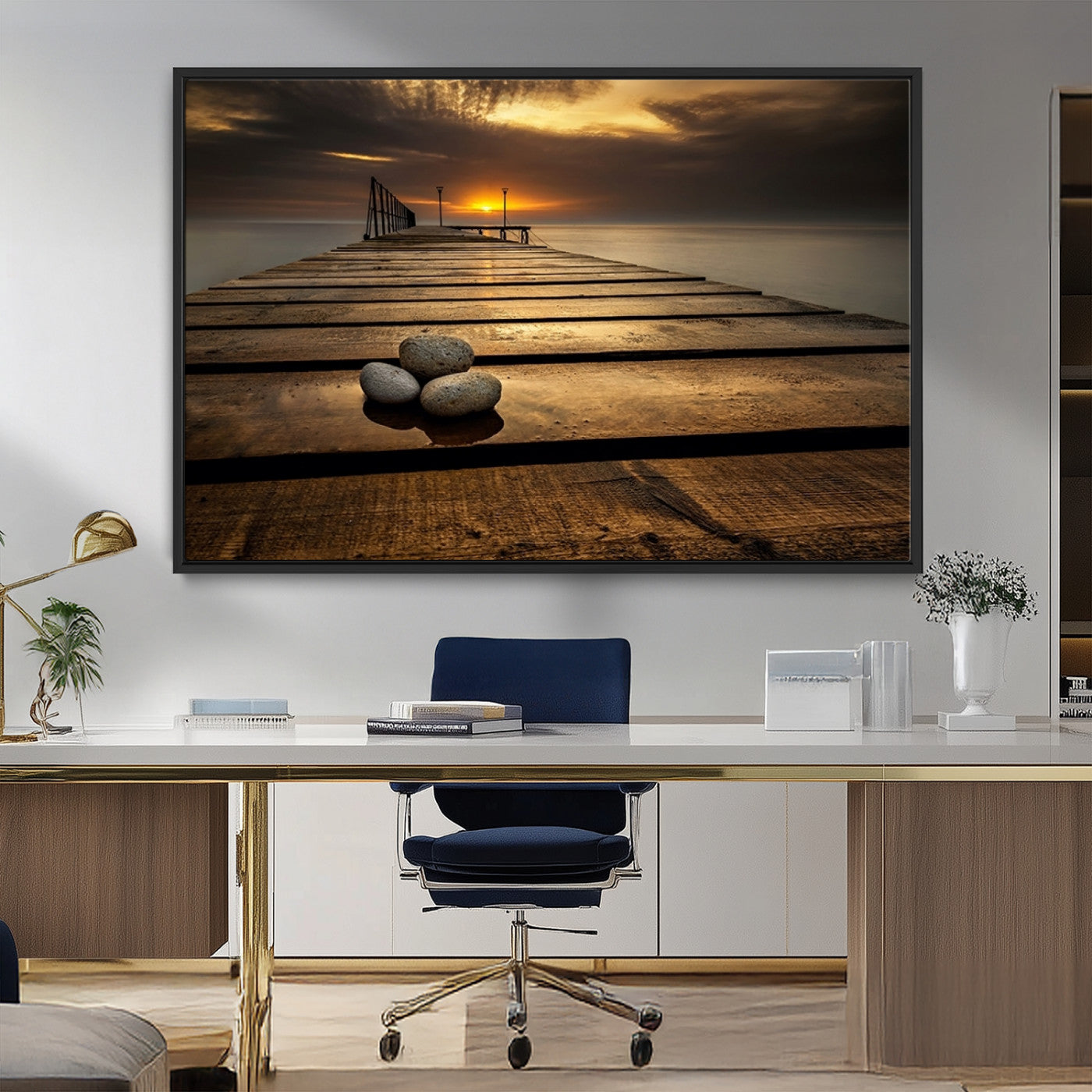 MGV-FC-36X24 - Stones on Wooden Pier at Sunset Canvas Print, Serene Coastal Wall Art, Beach Sunset Photography,