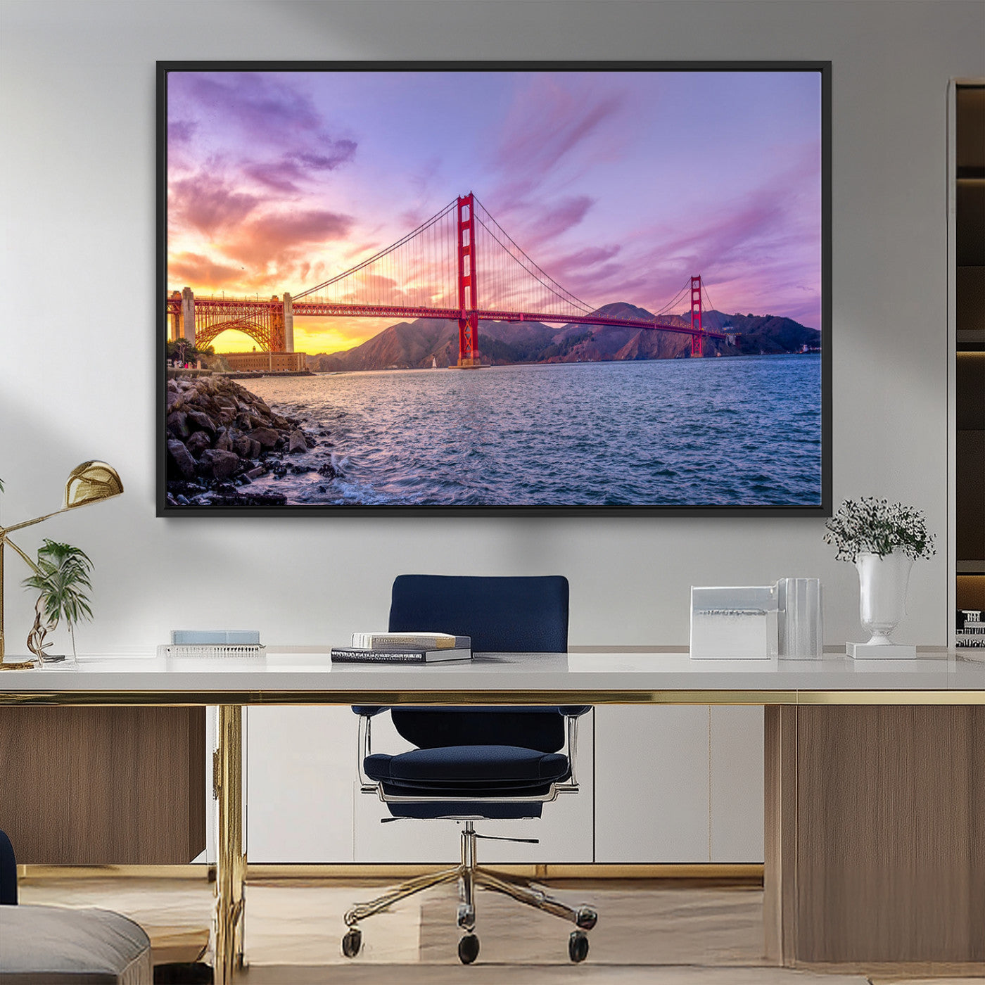MGV-FC-36X24 - Golden Gate Bridge Wall Art Print, San Francisco Sunset Canvas Wall Art, Cityscape Canvas Print for