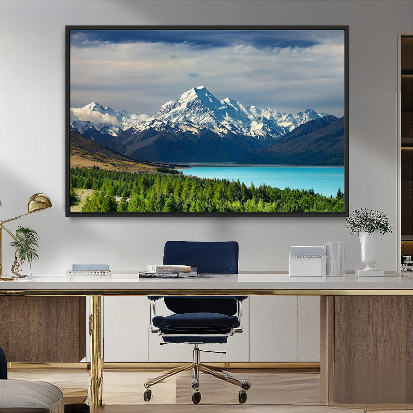 MGV-FC-36X24 - Mount Cook and Lake Pukaki Canvas Wall Art Print – Majestic Snow-Capped Peaks and Serene Lake Wall