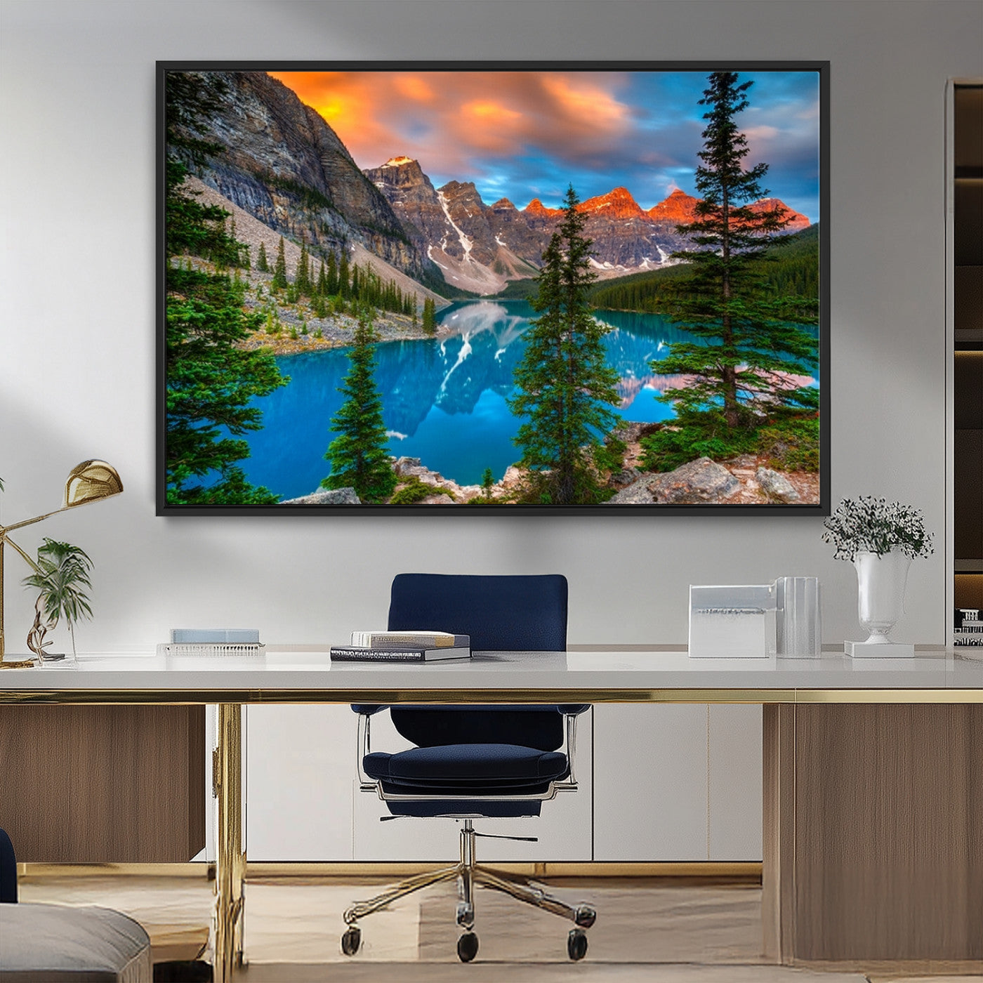 MGV-FC-36X24 - Canadian Rockies Moraine Lake Wall Art Canvas Print, Pine Trees Mountain Spring Canvas Print