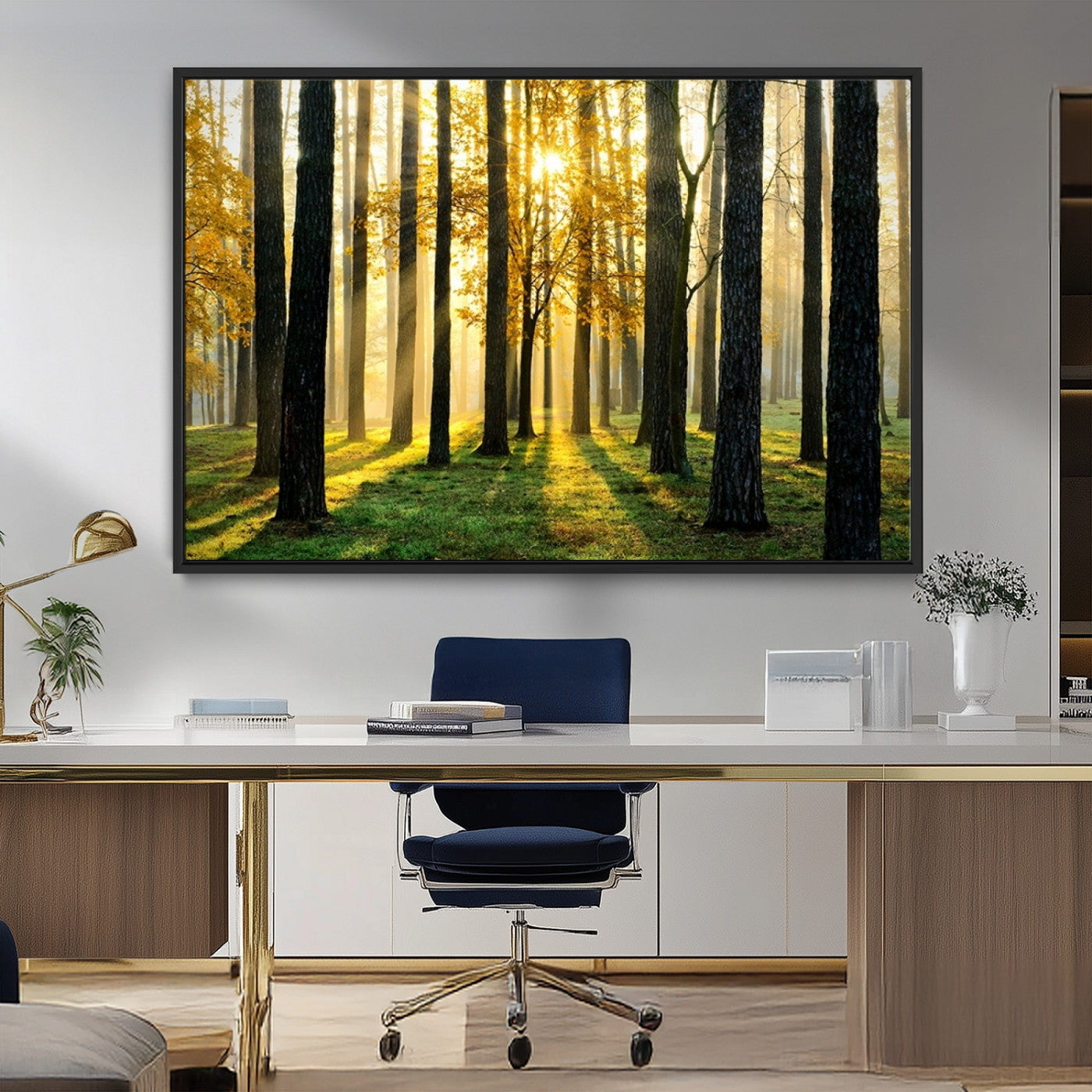 MGV-FC-36X24 - Sunlit Forest Canvas Wall Art – Serene Woodland Triptych Landscape Print – Nature-Inspired Decor for