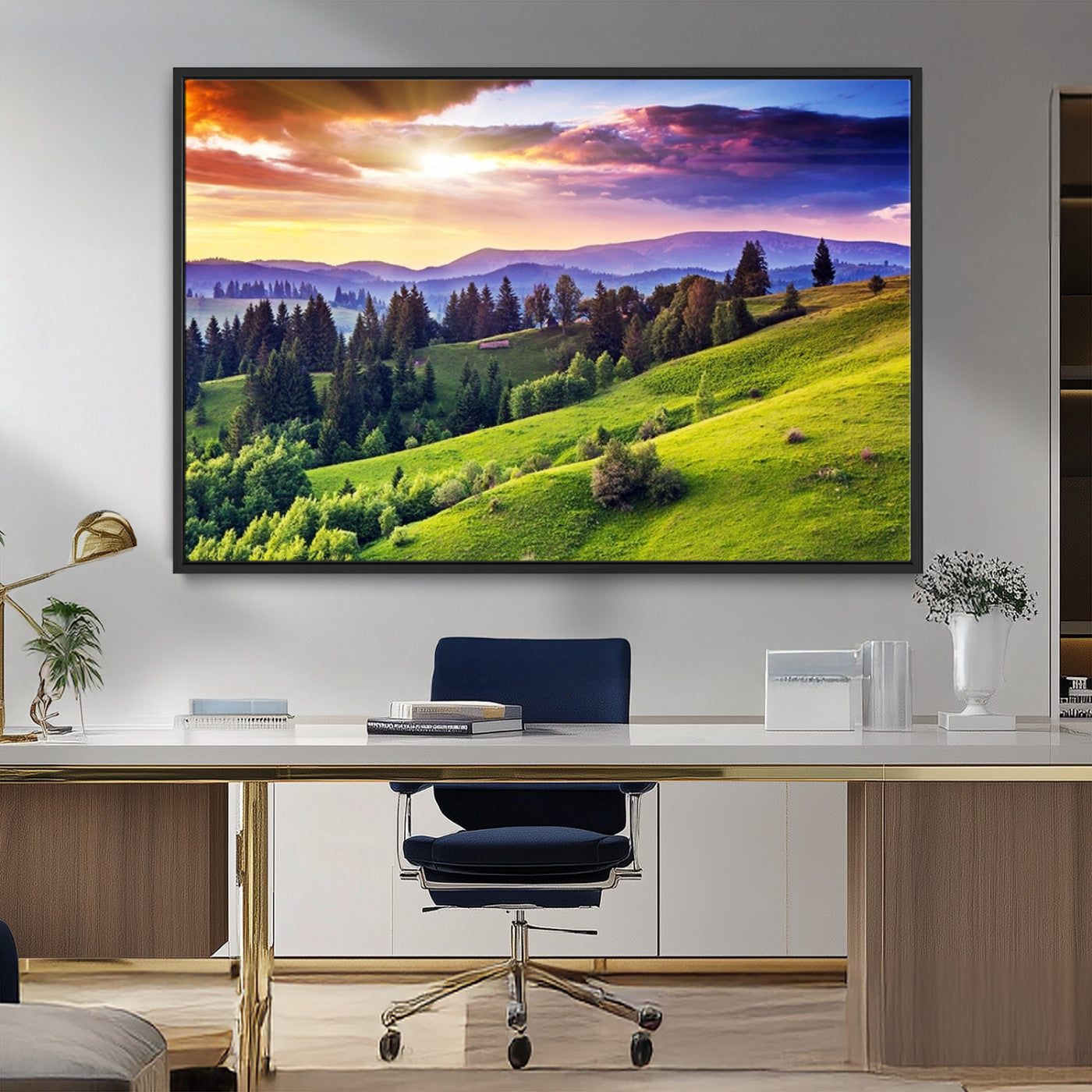 MGV-FC-36X24 - Green Hills and Sunset Wall Art Print - Scenic Landscape with Lush Greenery and Vibrant Sky, Ready