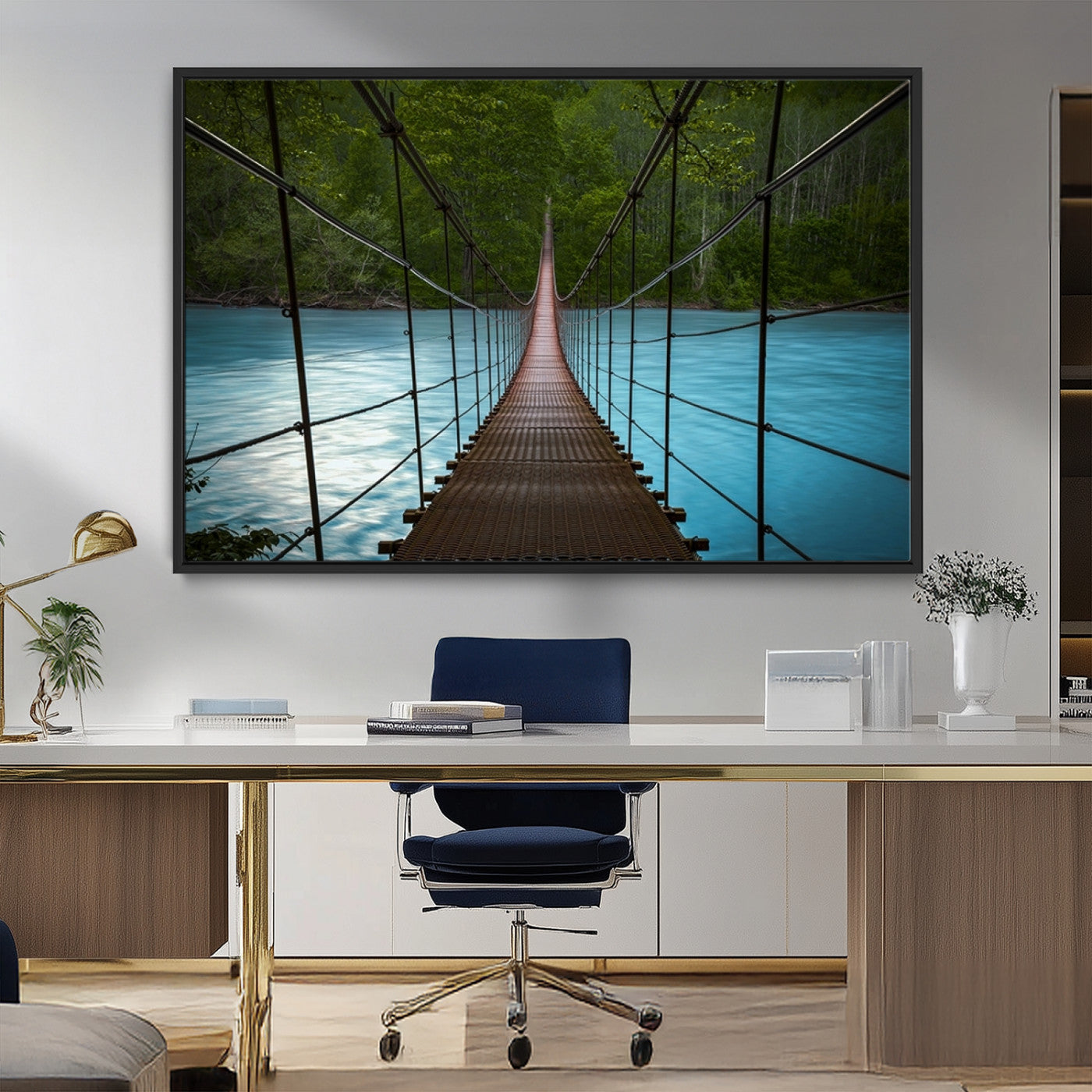 MGV-FC-36X24 - Suspension Bridge Over River Canvas Art | 3-Panel Nature Photography | Scenic Wall Art for Living