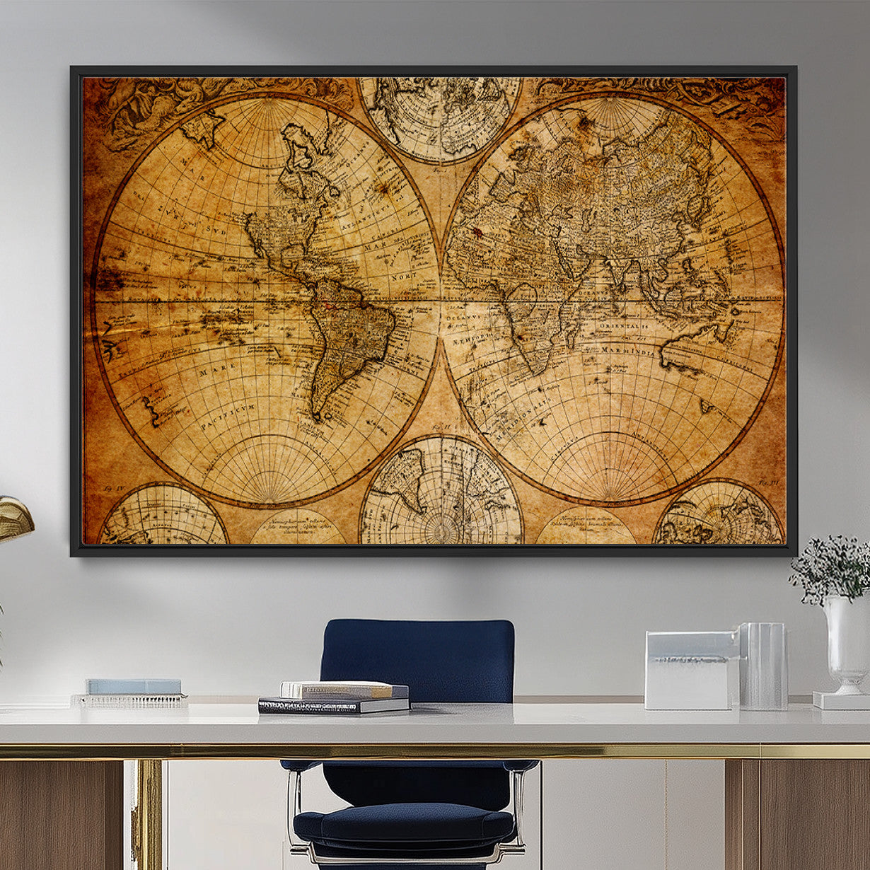 25517-MGV-FC-36X24 - Vintage World Map Canvas Print – Antique Push Pin Travel Map, Framed Wall Art for Home or Office Decor