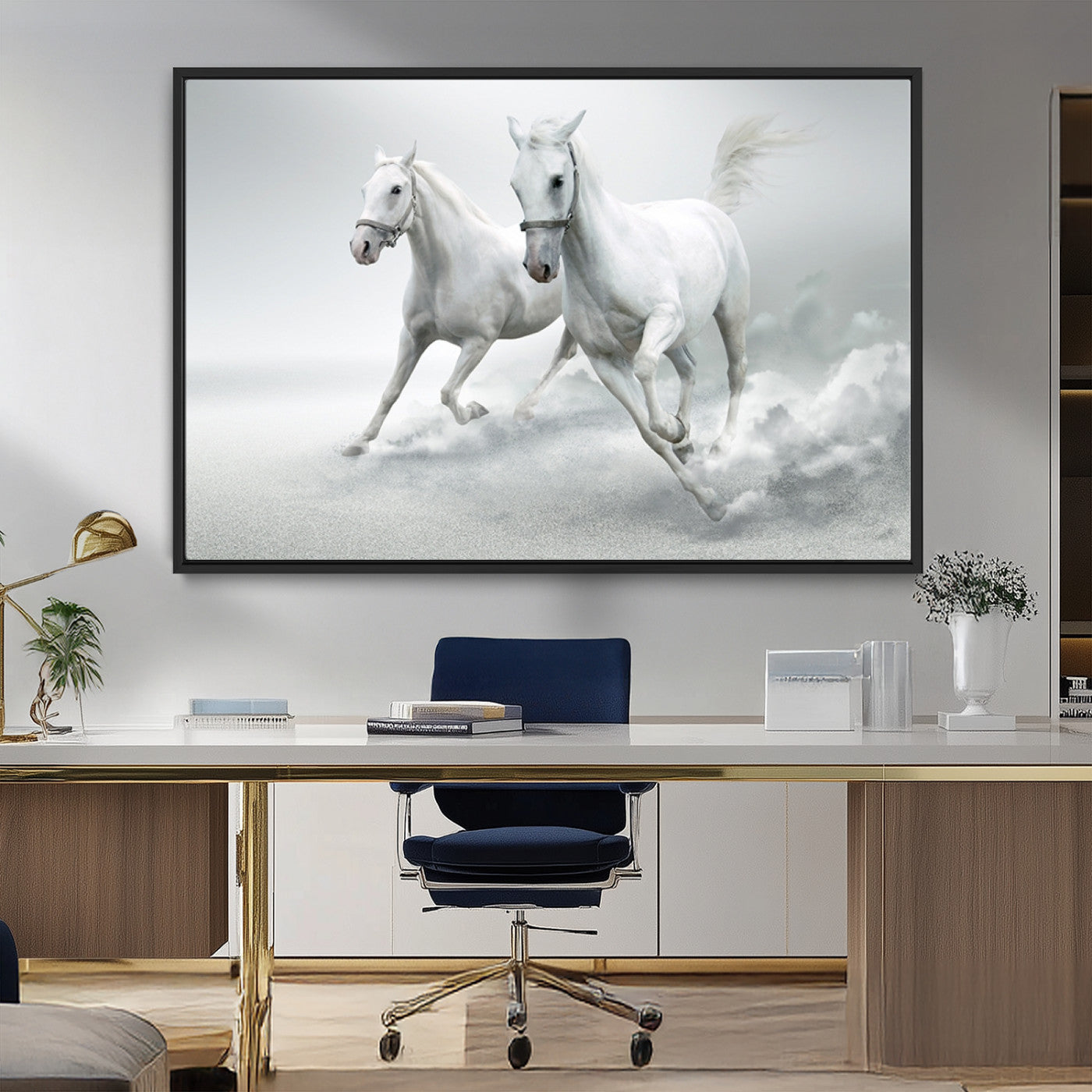MGV-FC-36X24 - Large Wall Art Animal Canvas Print - Beautiful Running White Horses