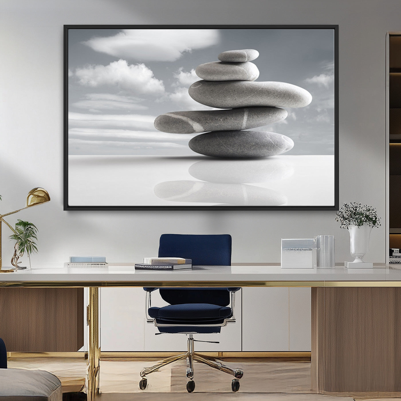 MGV-FC-36X24 - Still Life Black and White Zen Stones Wall Art Canvas, Framed Black and White Zen Stones Canvas