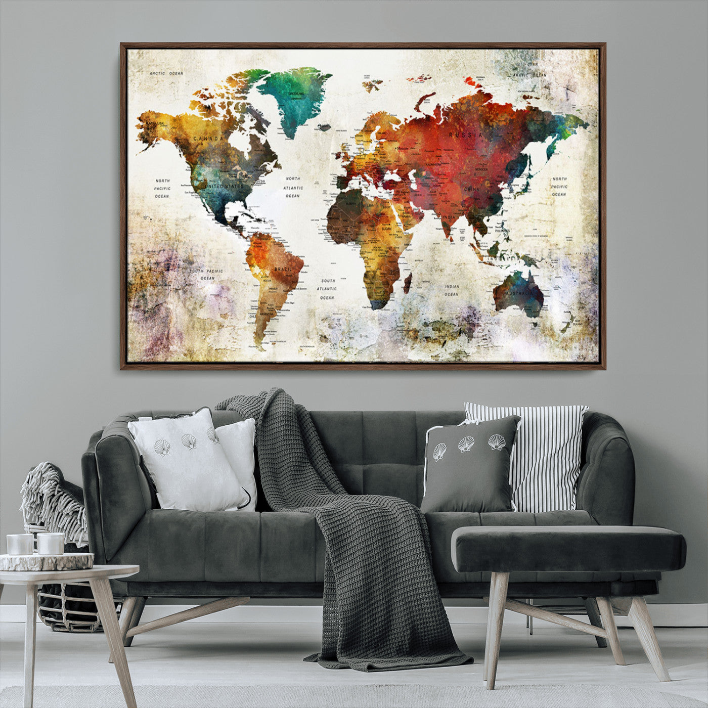 -Push Pin World Map Canvas Print – Framed Wall Art for Couples to Track Their Travels – Anniversary