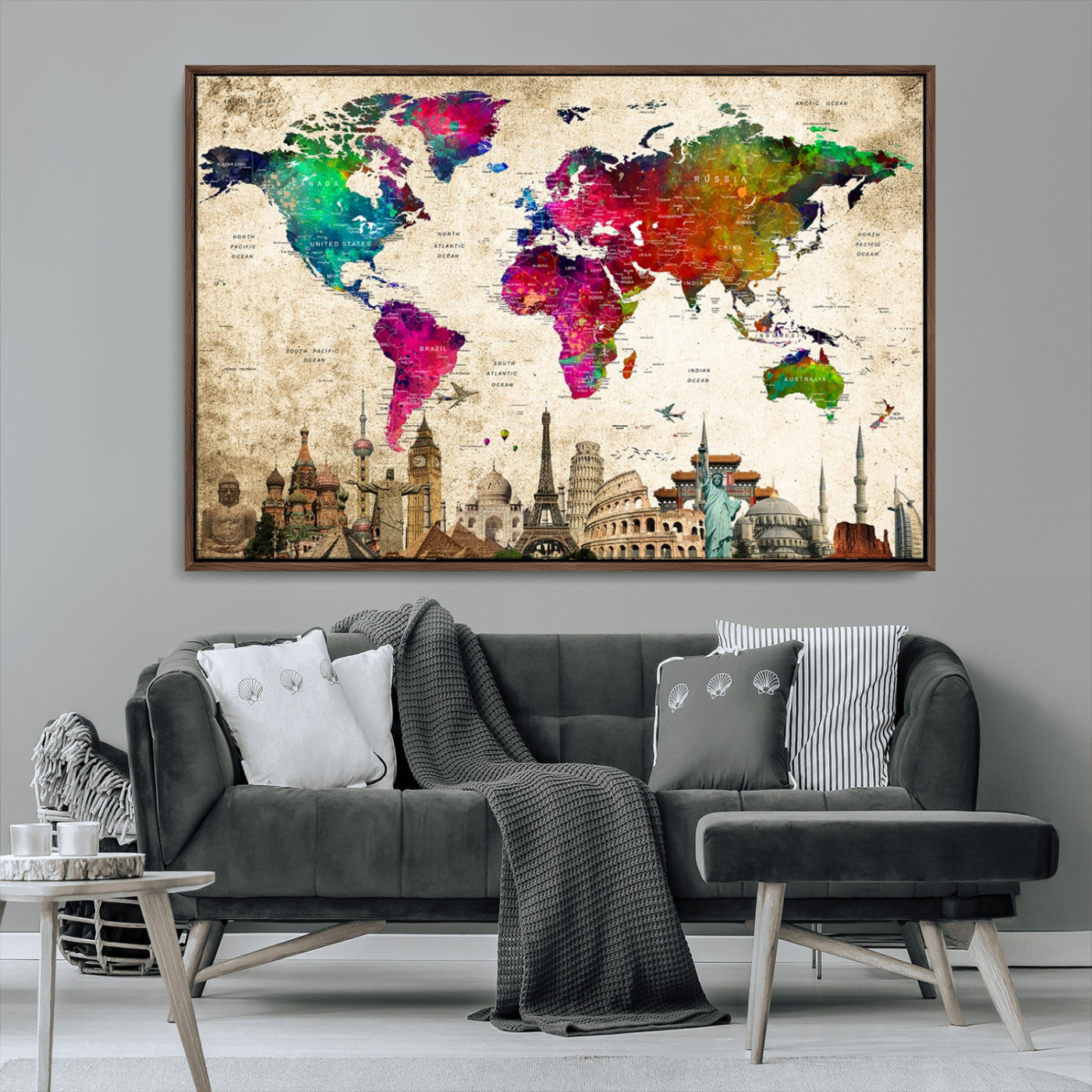 MGV-FC-36X24 - Push Pin World Map Canvas Print – Framed Wall Art for Couples to Track Their Travels – Anniversary
