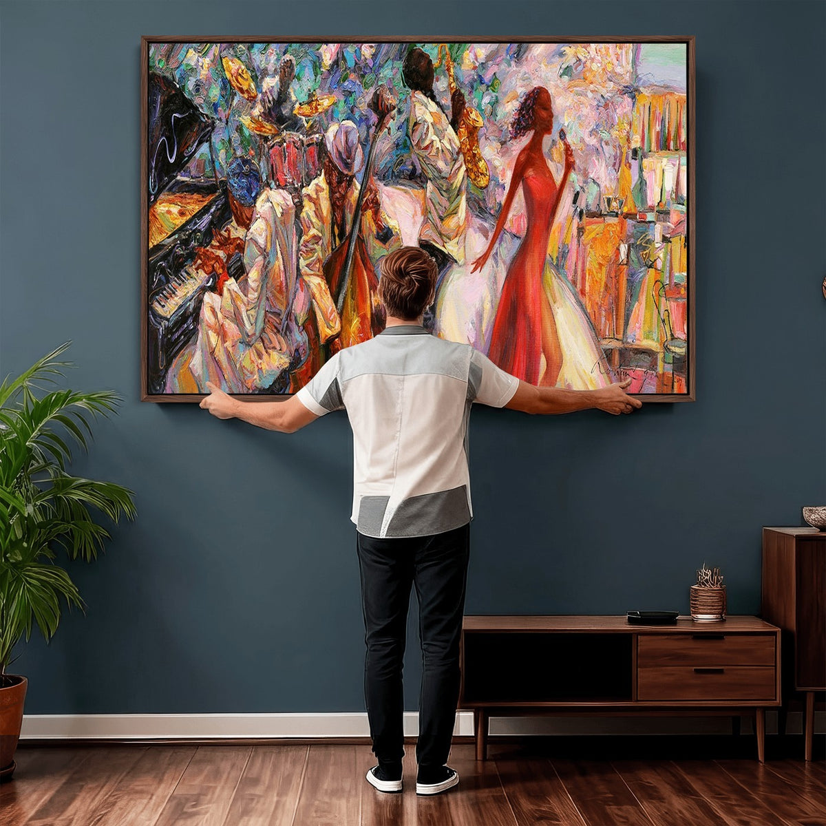 40574-_Poster-30x20 - Afro American Jazz Band Canvas Wall Art | 3 Panel Music Studio Decor