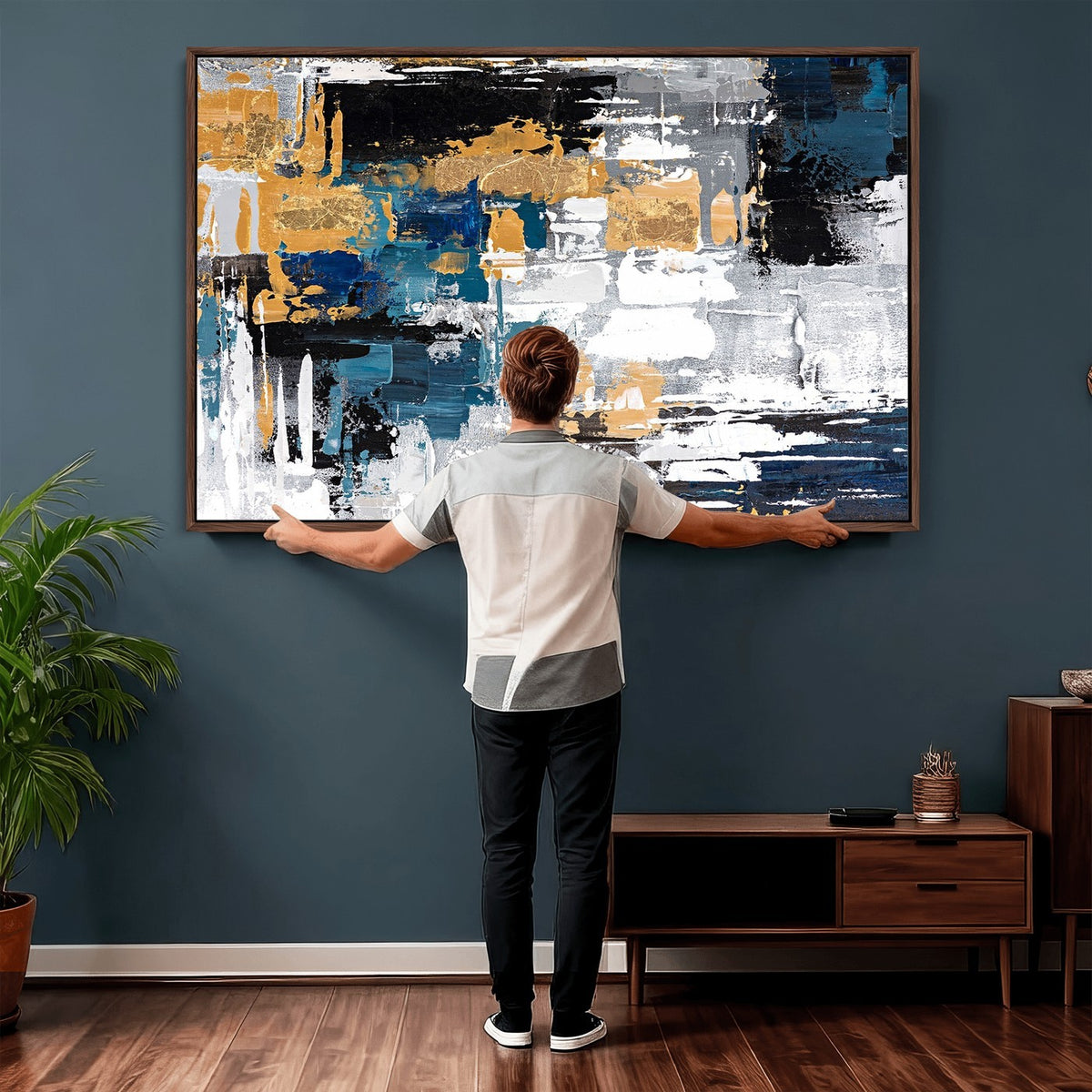 57708-_Poster-30x20 - Blue and Gold Abstract Canvas Wall Art | Triptych Modern Art Print