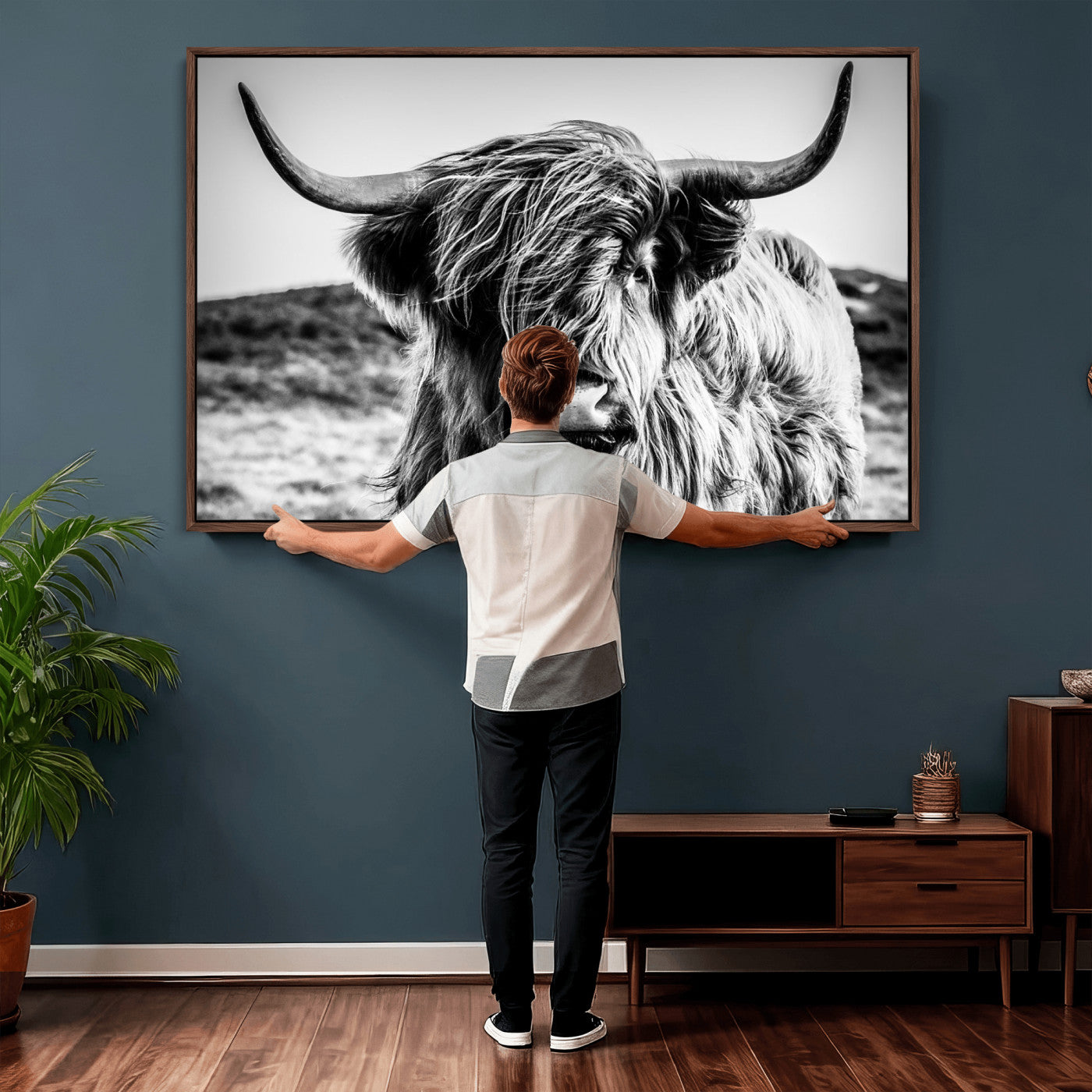 36979-MGV-CV-36X24 - Handsome Scottish Cow Black and White Wall Decor Canvas Art Print Extra Large Wall Art Highland Cattle Canvas Picture Animal Art Nature Photography High Quality Original Canvas Framed Ready to Hang