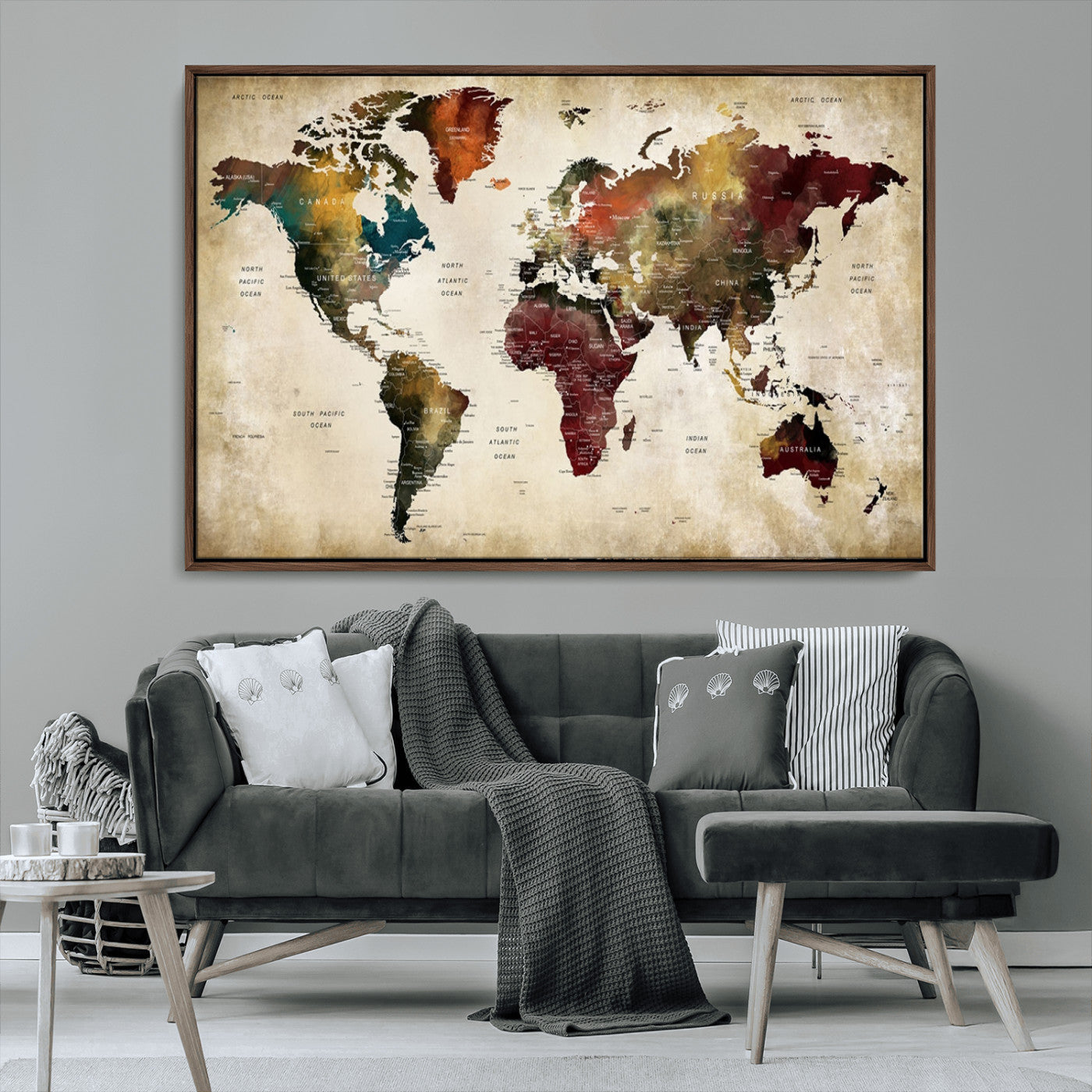 MGV-FC-36X24 - Large World Map Wall Art Canvas Print, Framed Push Pin Map Art Picture Print, Abstract Traveller Map Perfect Modern Decor Artwork