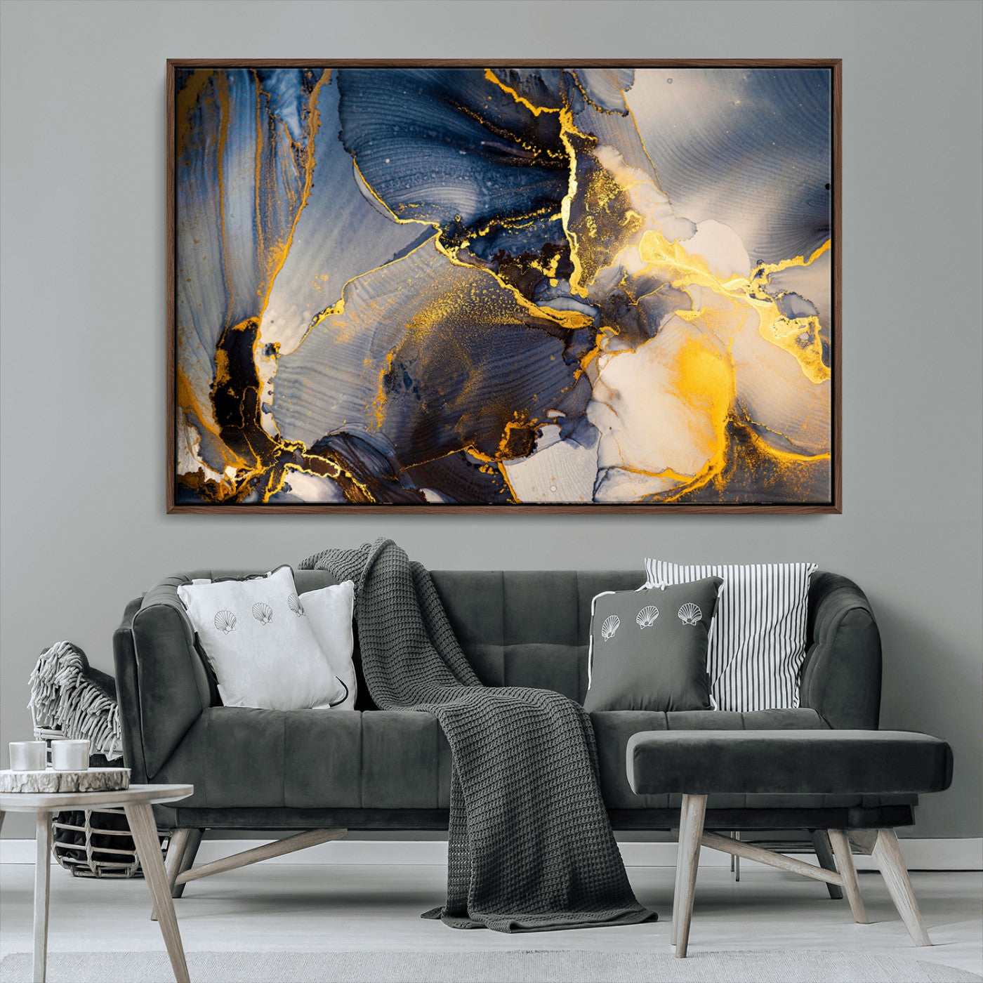 42100-MGV-CV-36X24-Large Abstract Wall Art Print - Gold and Blue Abstract Canvas Wall Art | Fluid Ink Modern Luxury Wall Decor for Living Room Decor