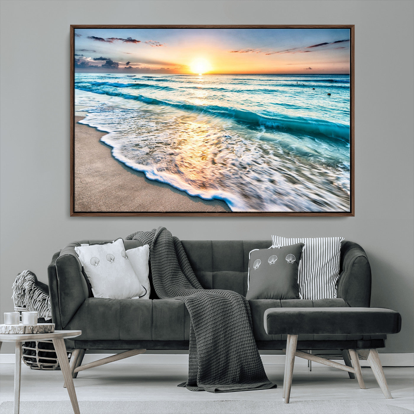MGV-FC-36X24 - Sunset Beach Waves Canvas Wall Art – 5-Panel Ocean Sunset Print – Coastal Decor for Living Room or