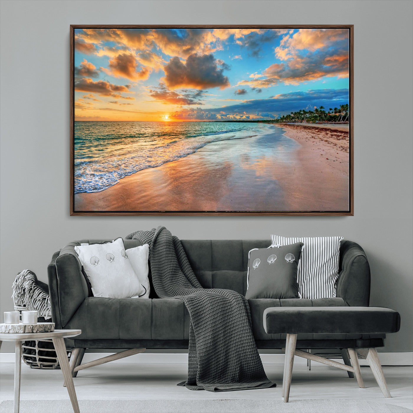 MGV-FC-36X24 - Sunset Ocean Waves on Tropical Beach, 3-Panel Giclee Canvas Art for Coastal Home Decor, Vibrant Palm-Lined Shore