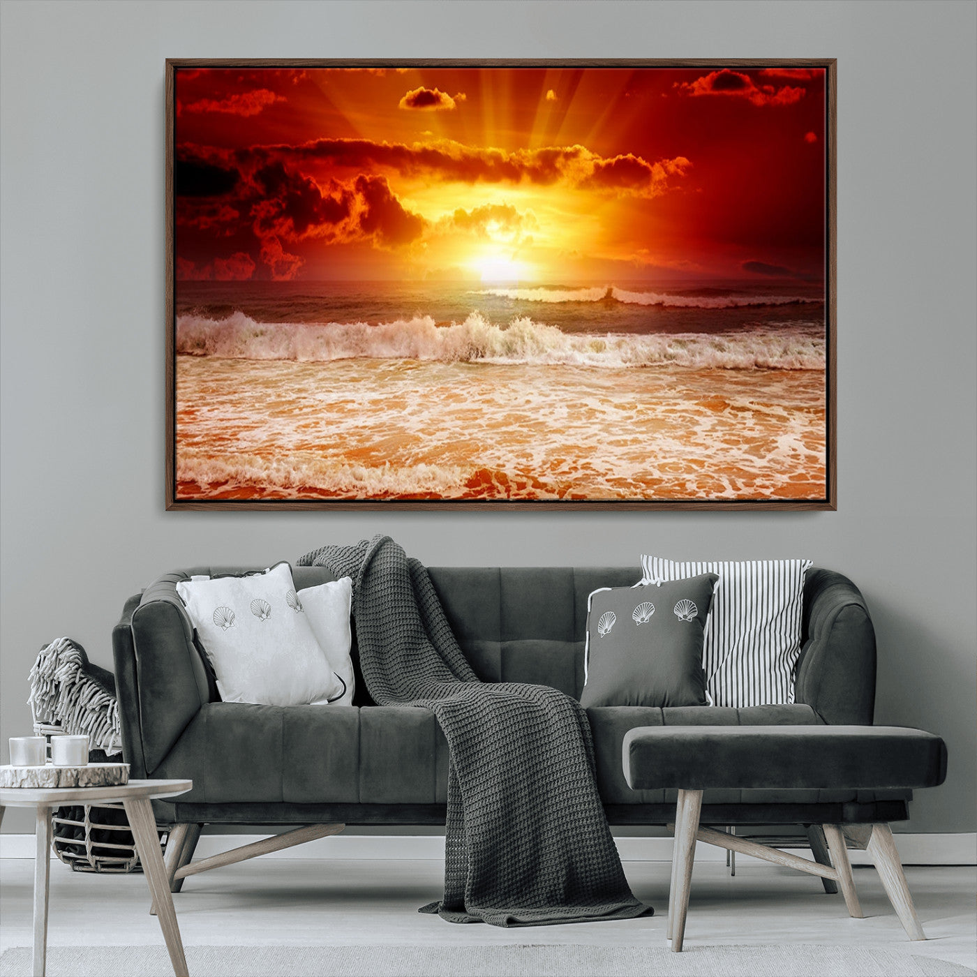 MGV-FC-36X24 - Red Sunset Ocean Beach Canvas Wall Art Beach Canvas, Coastal Sunset Print