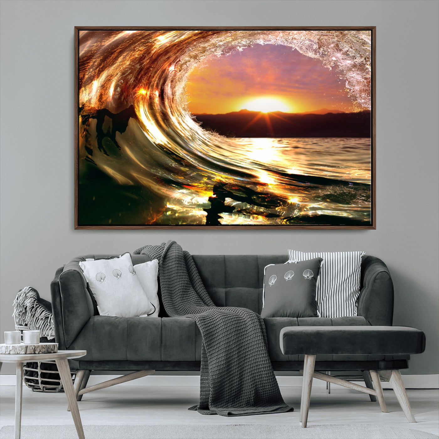 MGV-FC-36X24 - Golden Wave Sunset Triptych Canvas Art, Giclee Canvas Print of Ocean Wave and Sunset, Framed Ocean