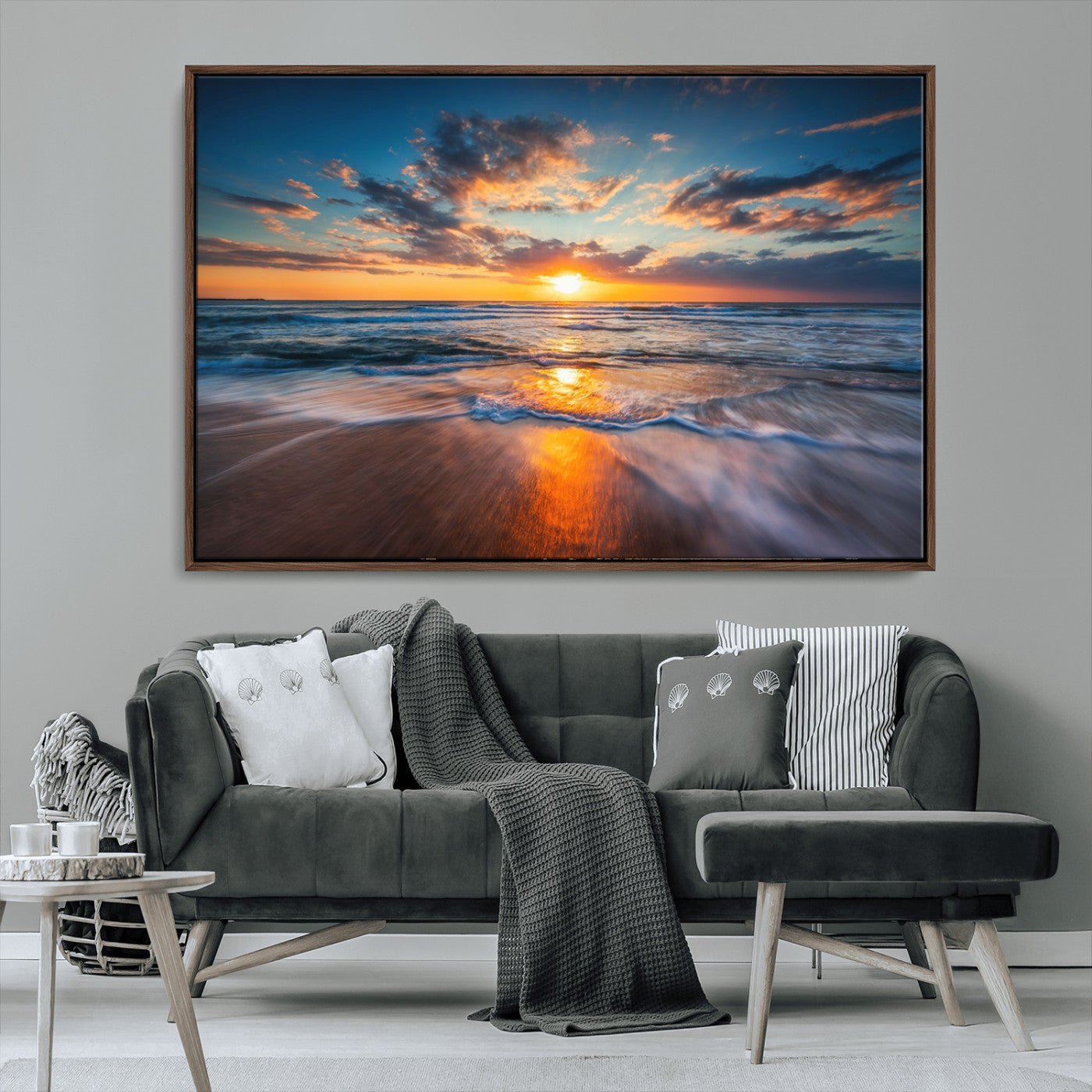 MGV-FC-36X24 - Sunset on the Ocean Beach with Waves, Reflections on Sand, Coastal Wall Art Print, Beach Wall Art,