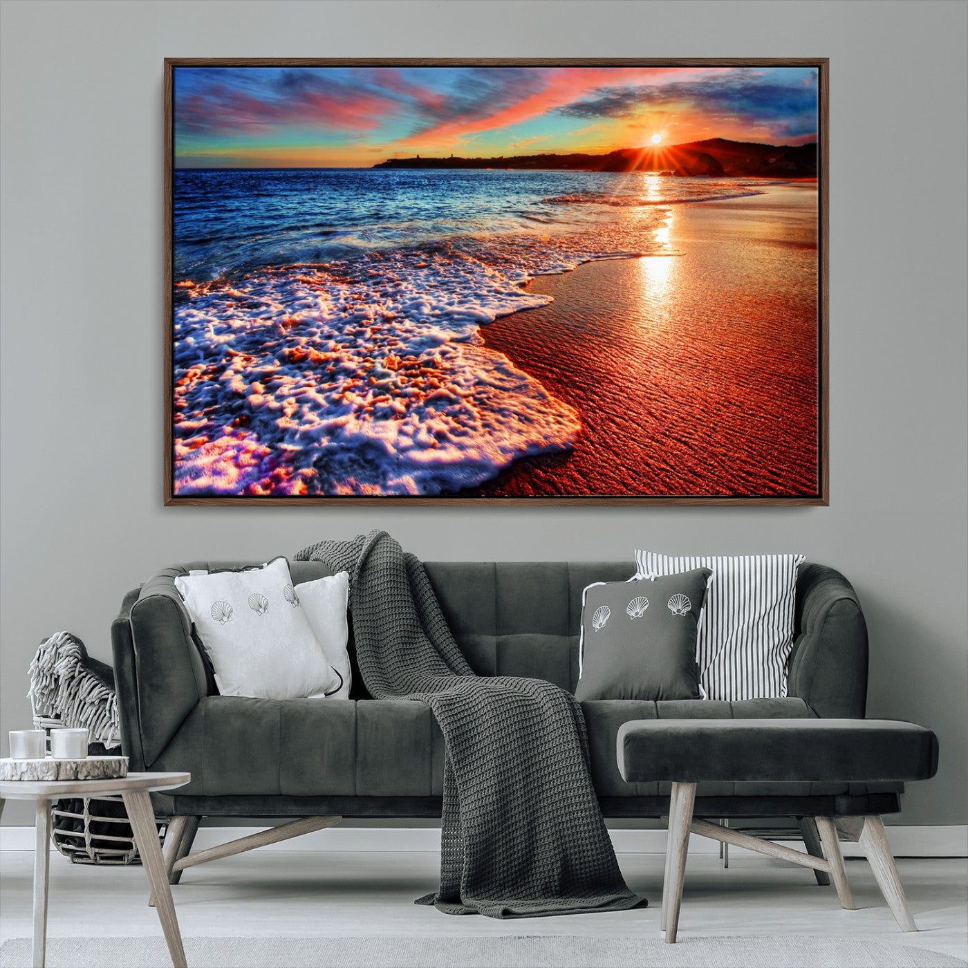 MGV-FC-36X24 - Colorful Coastal Sunset on the Beach Canvas Print, Ocean Waves Crashing at Dusk, Multi-Panel Seascape Vibrant Coastal Wall Art Canvas Print