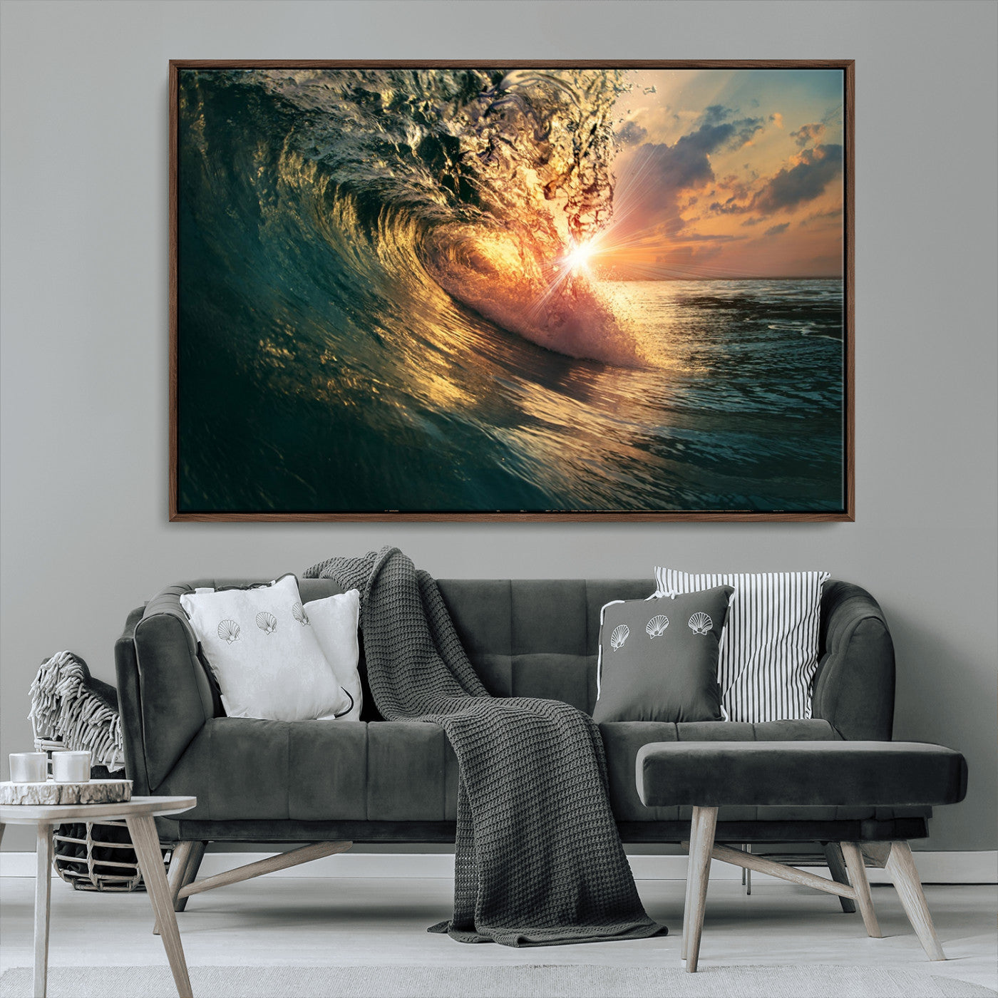 MGV-FC-36X24 - Ocean Wave Sunset Canvas Wall Art – Triptych Seascape Print – Framed and Ready to Hang for Living Room or Office