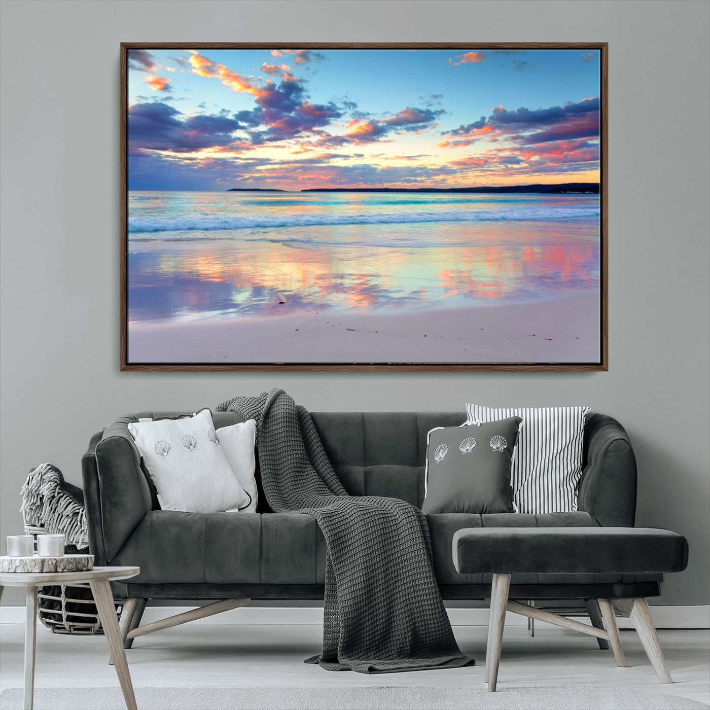 MGV-FC-36X24 - Tranquil Pastel Sunset Beach Triptych Canvas Art, Soothing Coastal Ocean Shoreline Giclee Print, Beach Reflections Wall Decor for Serene Spaces